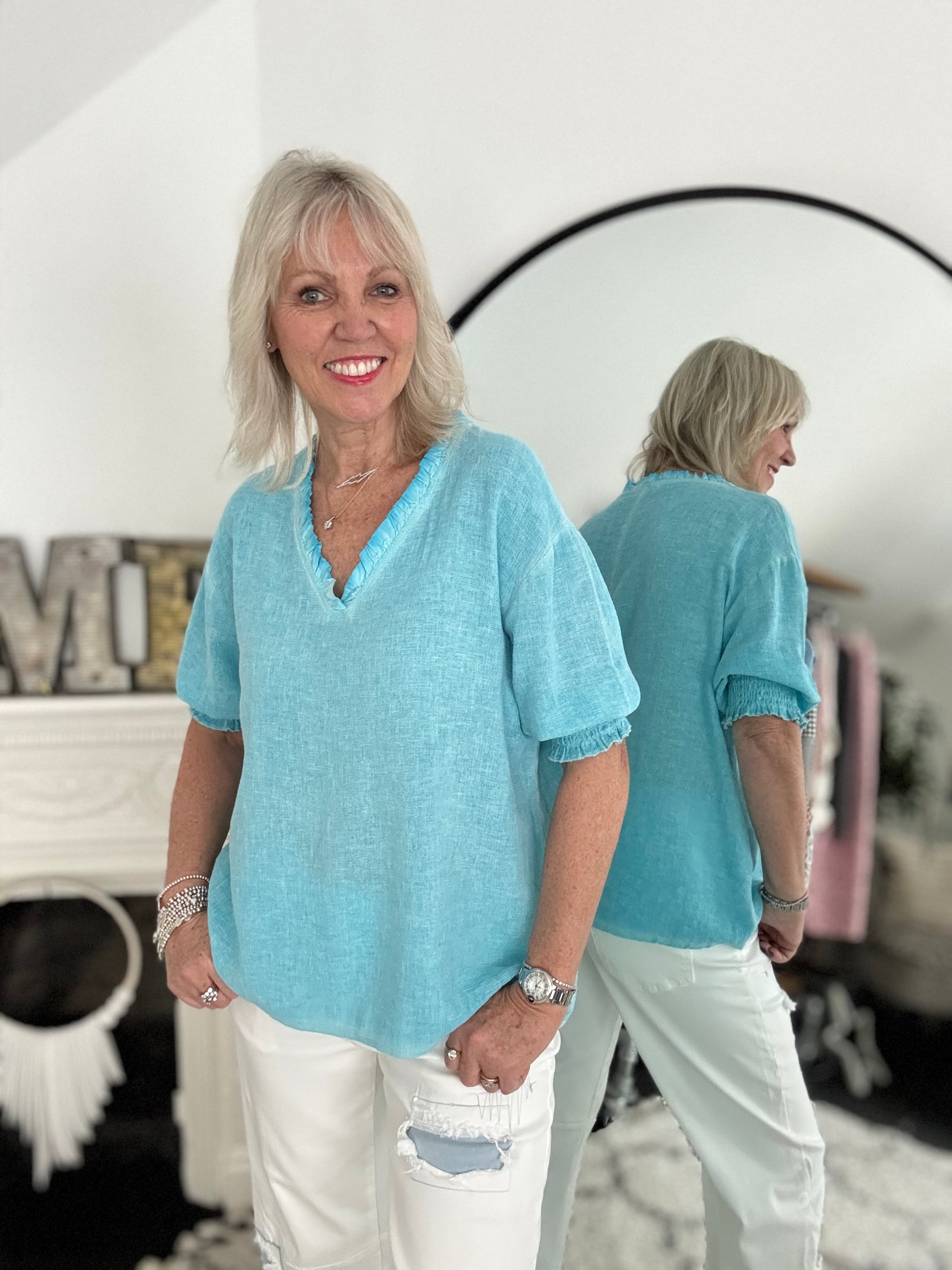 Linen & Cotton Top in Aqua