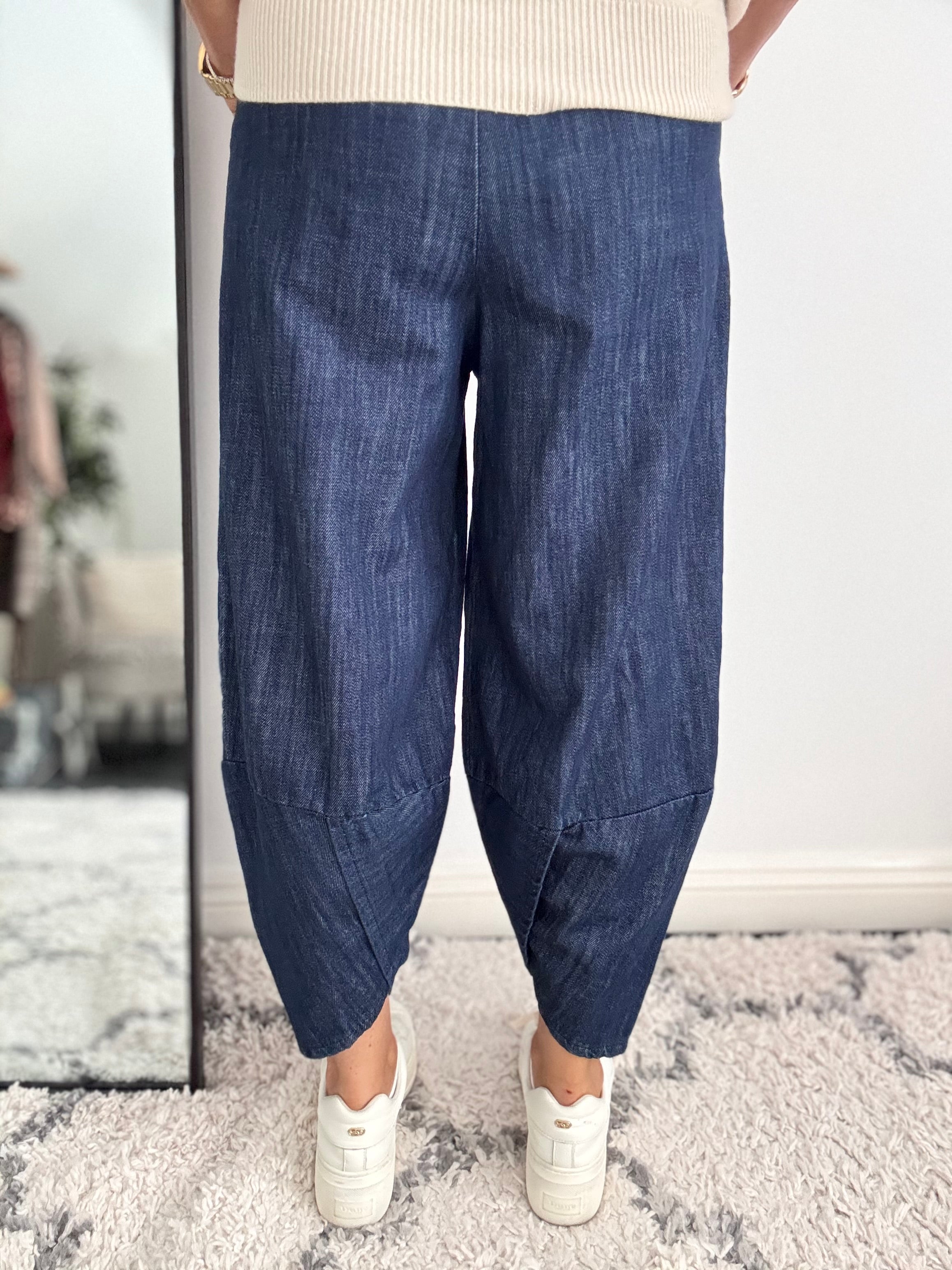 Premium Barrel Leg Trousers in Dark Denim
