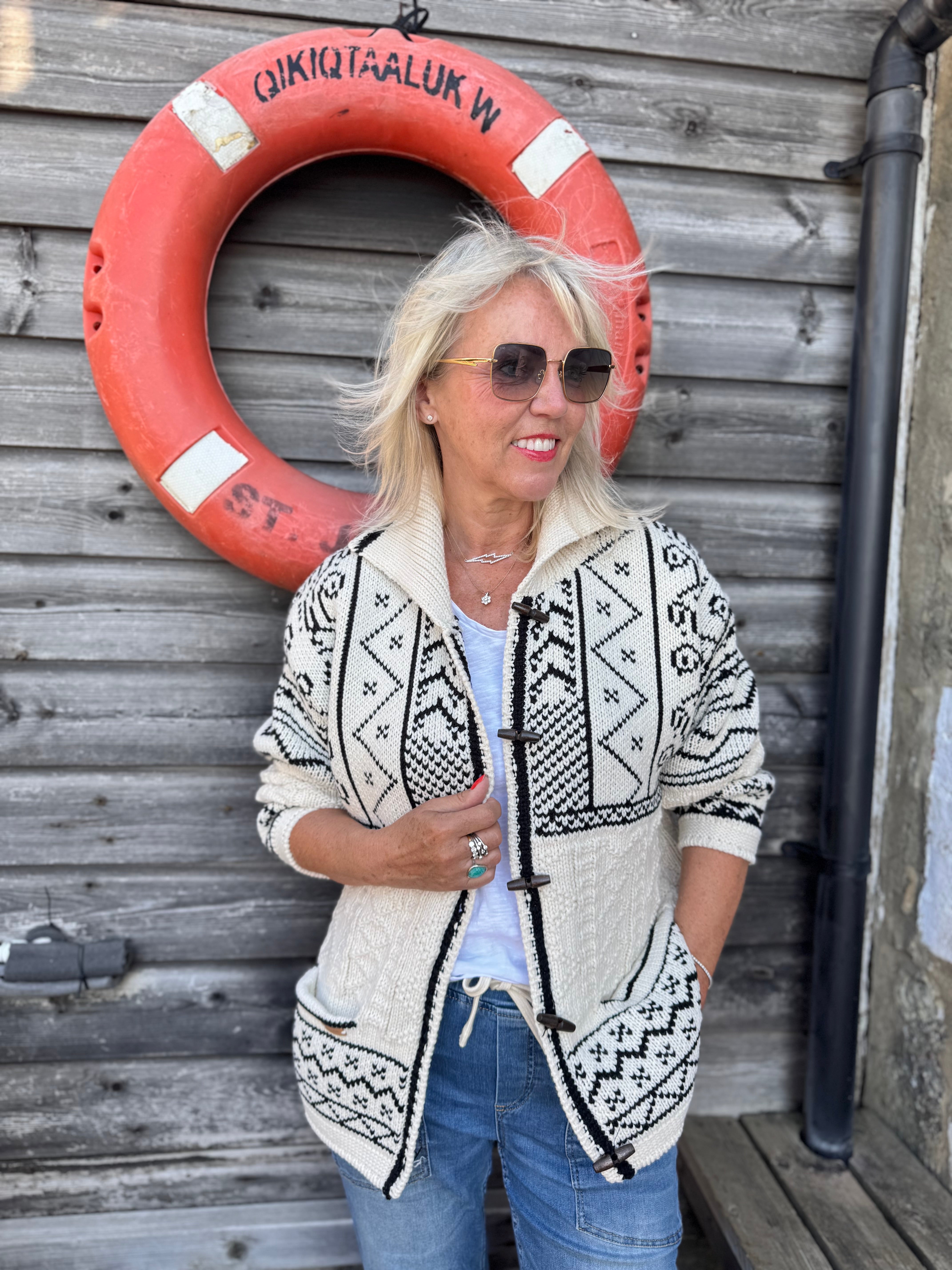 Luxe Nordic Cardigan with Toggles in Ecru & Black