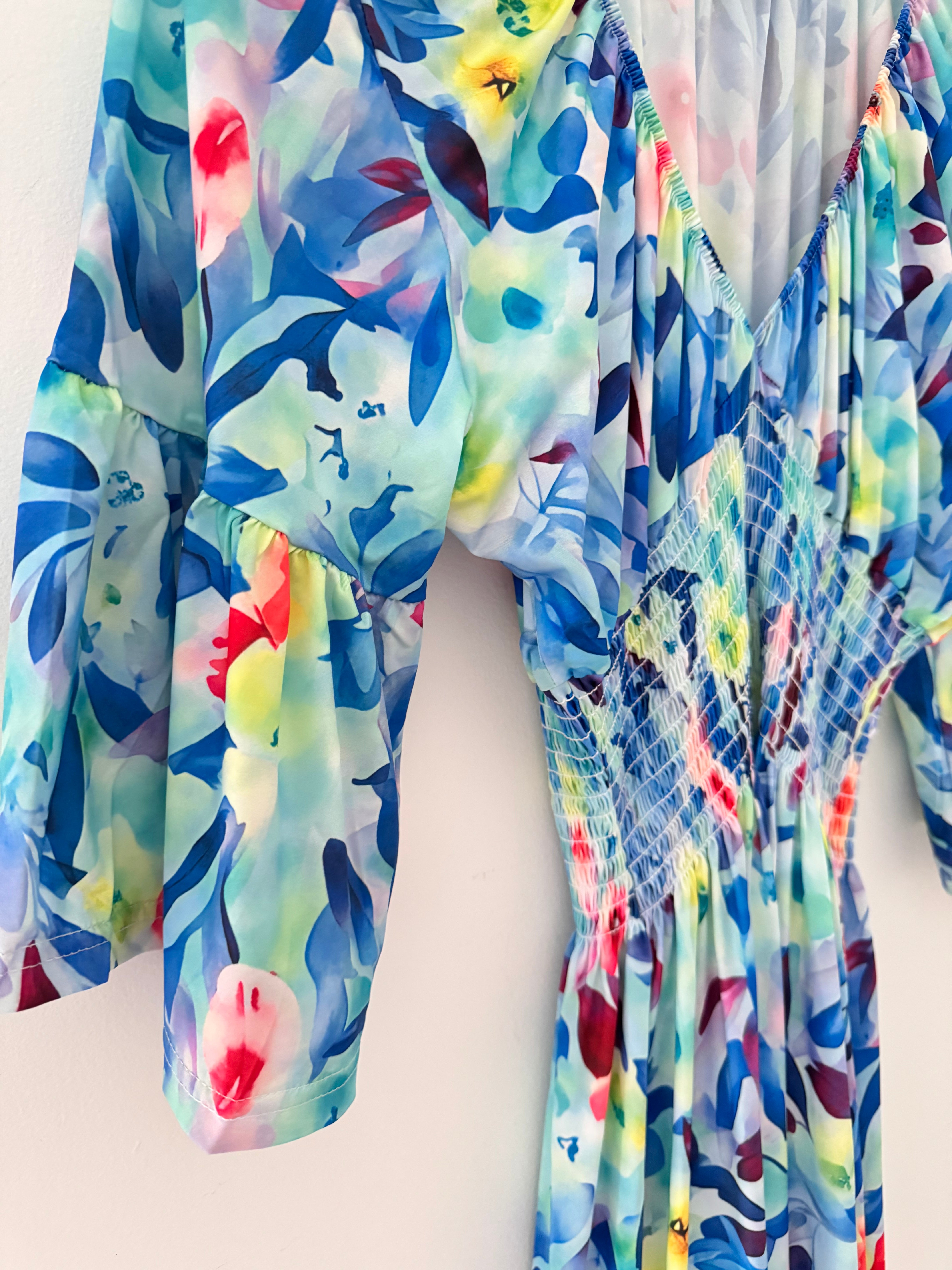 Silky Stretch Dress in Blue & Pink