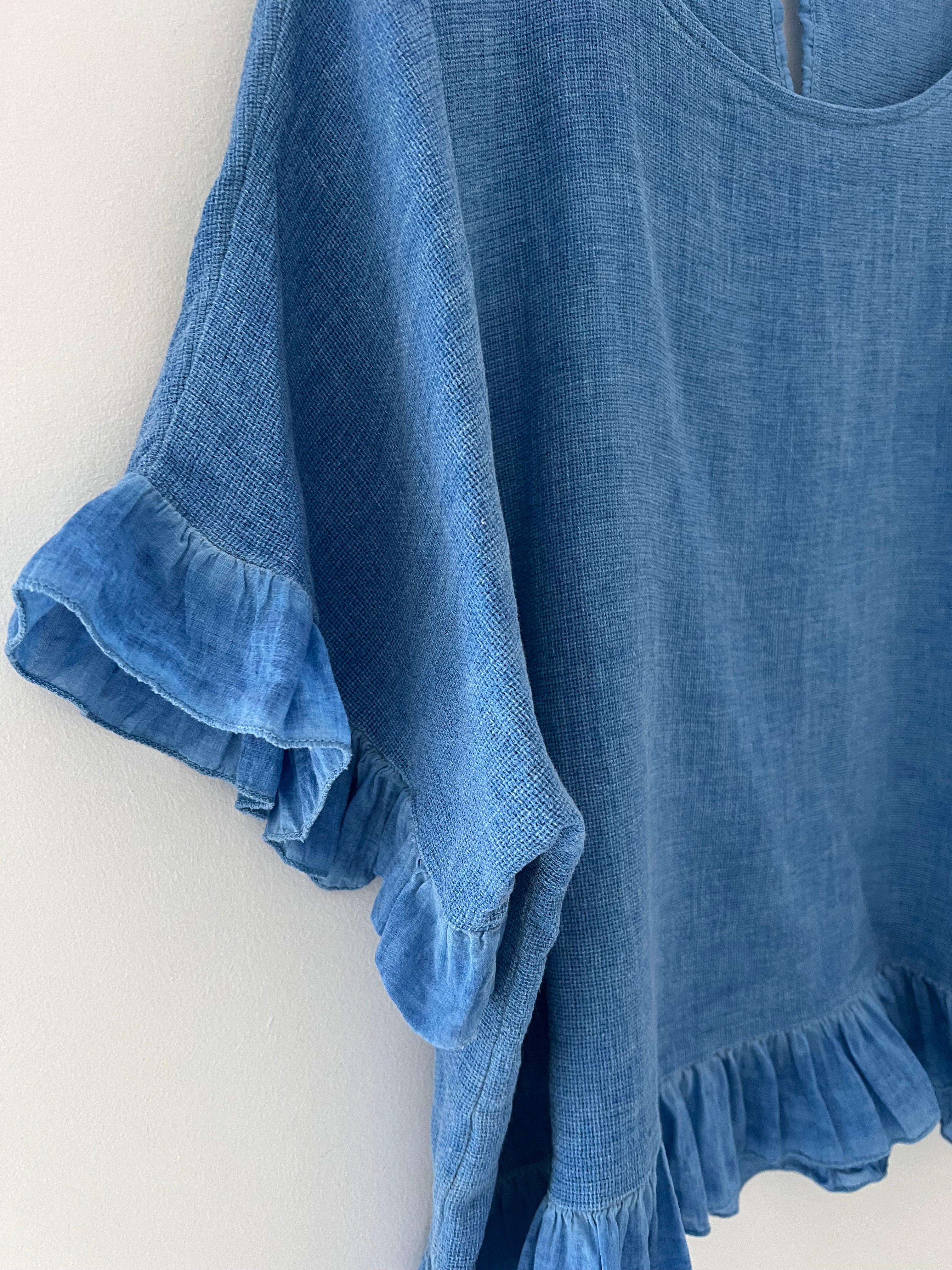 Linen & Cotton Top in Cornflower Blue