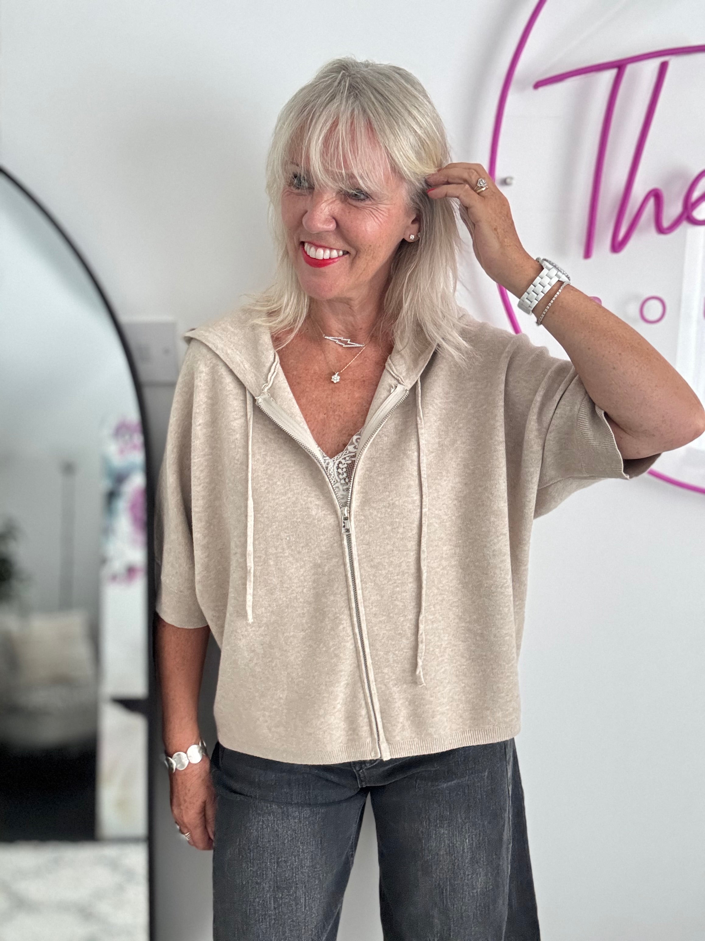 Soft Hooded Zipped Knit in Stone