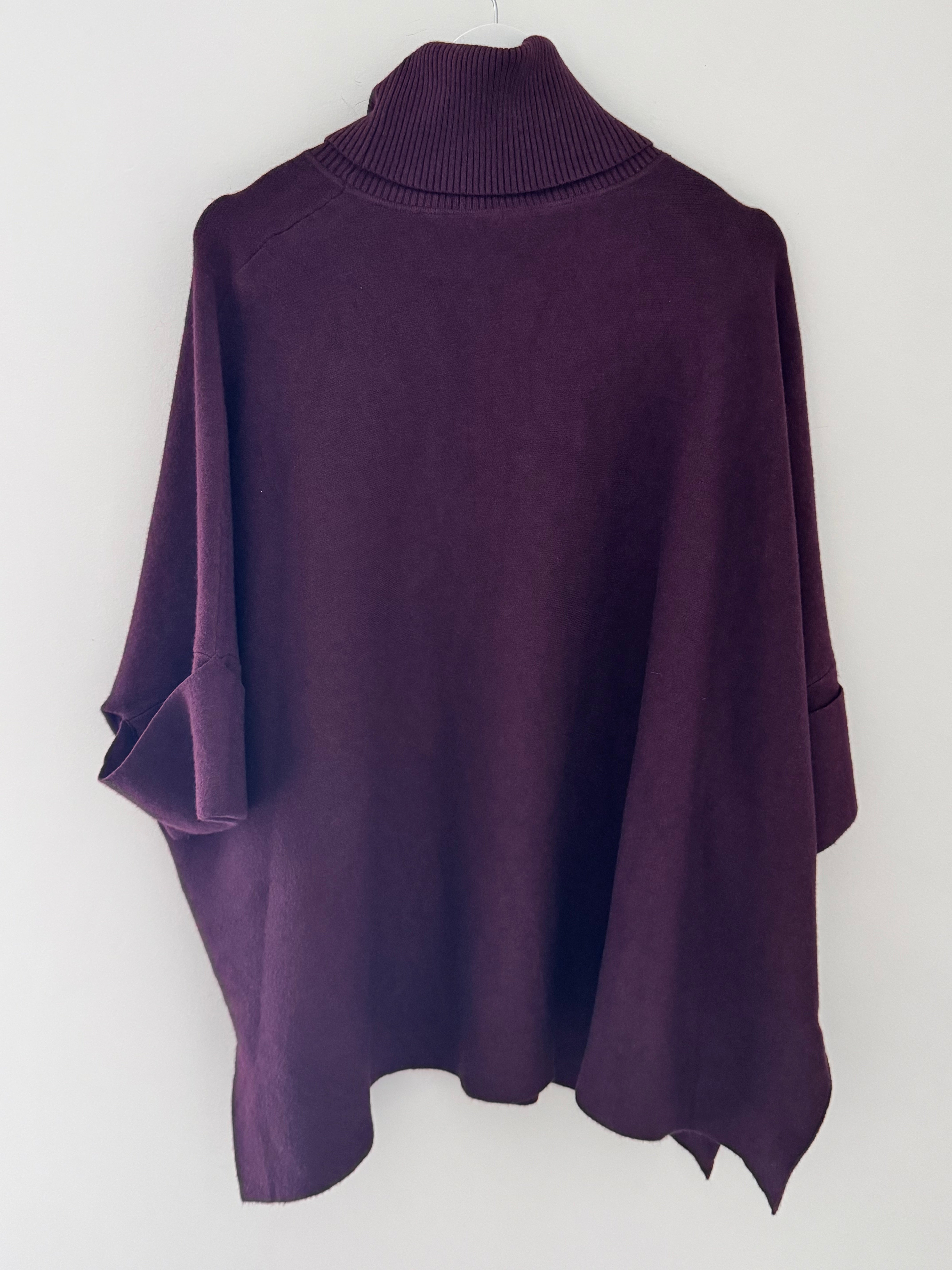 Oversized Roll Neck Poncho Jumper in Plum