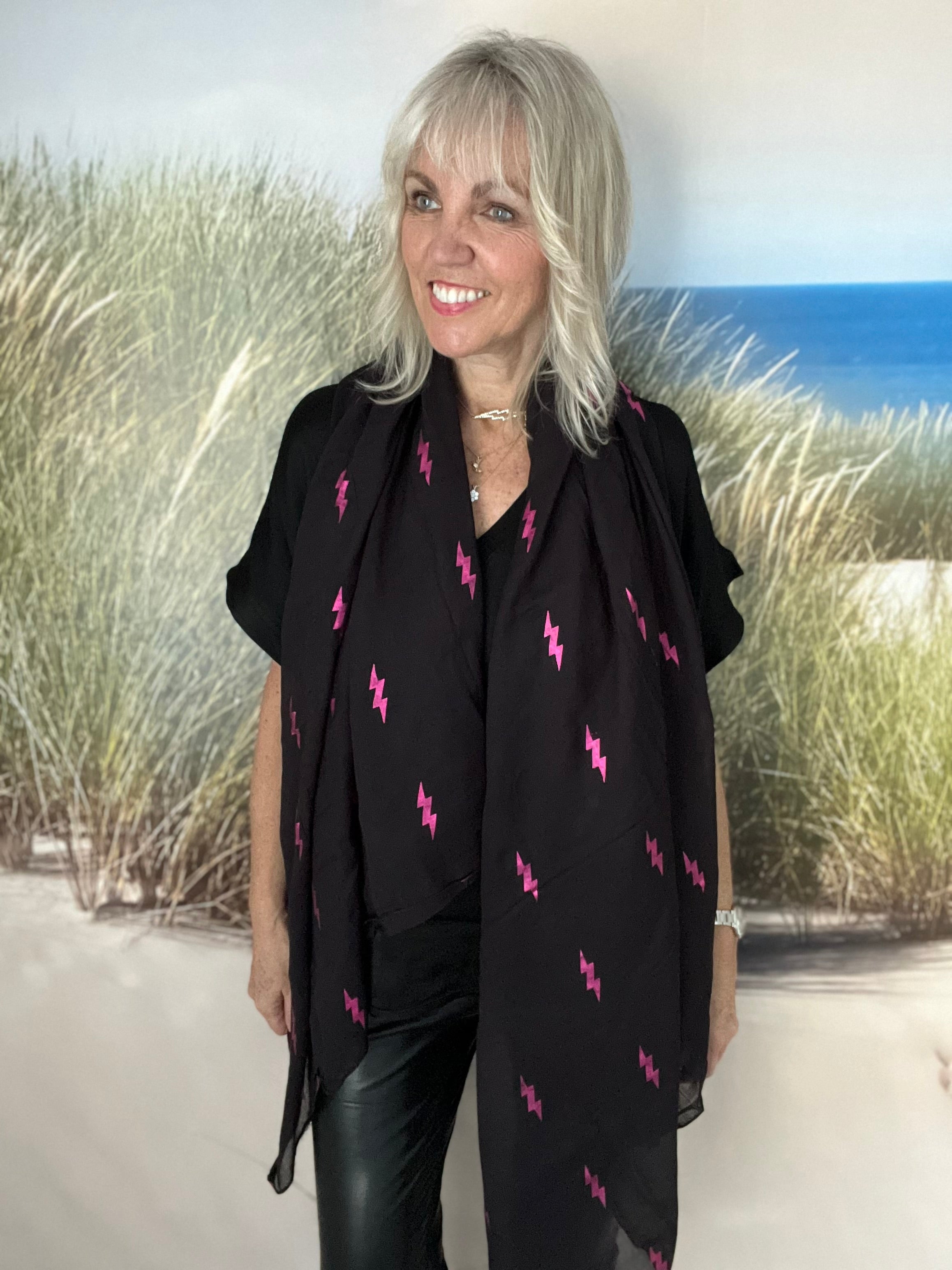 Black Scarf with Pink Lightning Bolts