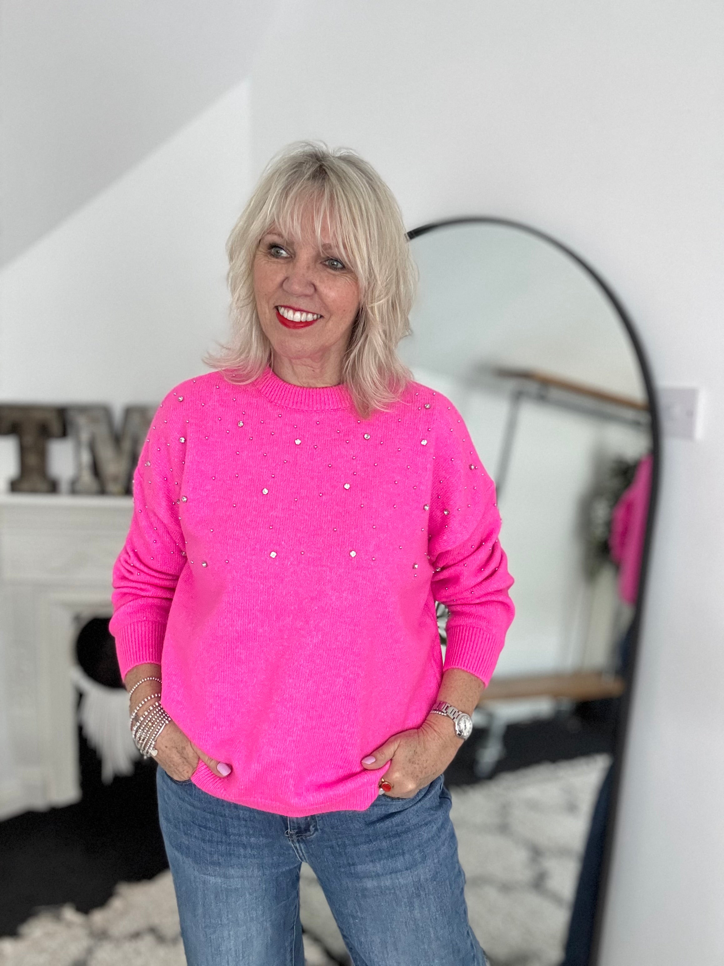 Soft Jumper with Beading in Hot Pink