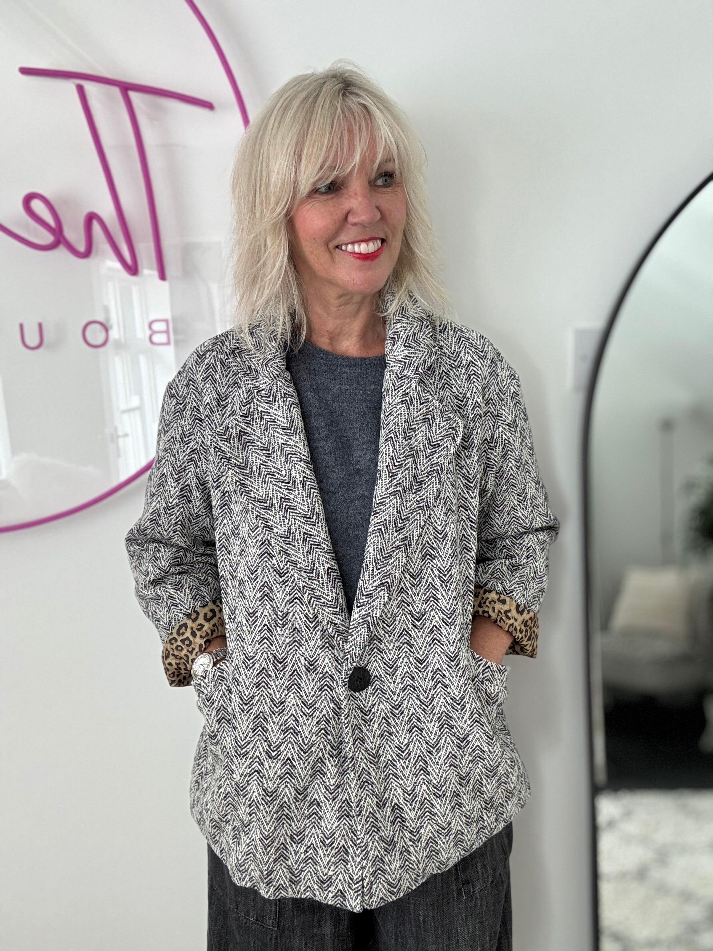 Grey Tweed Boyfriend Jacket with Leopard Lining