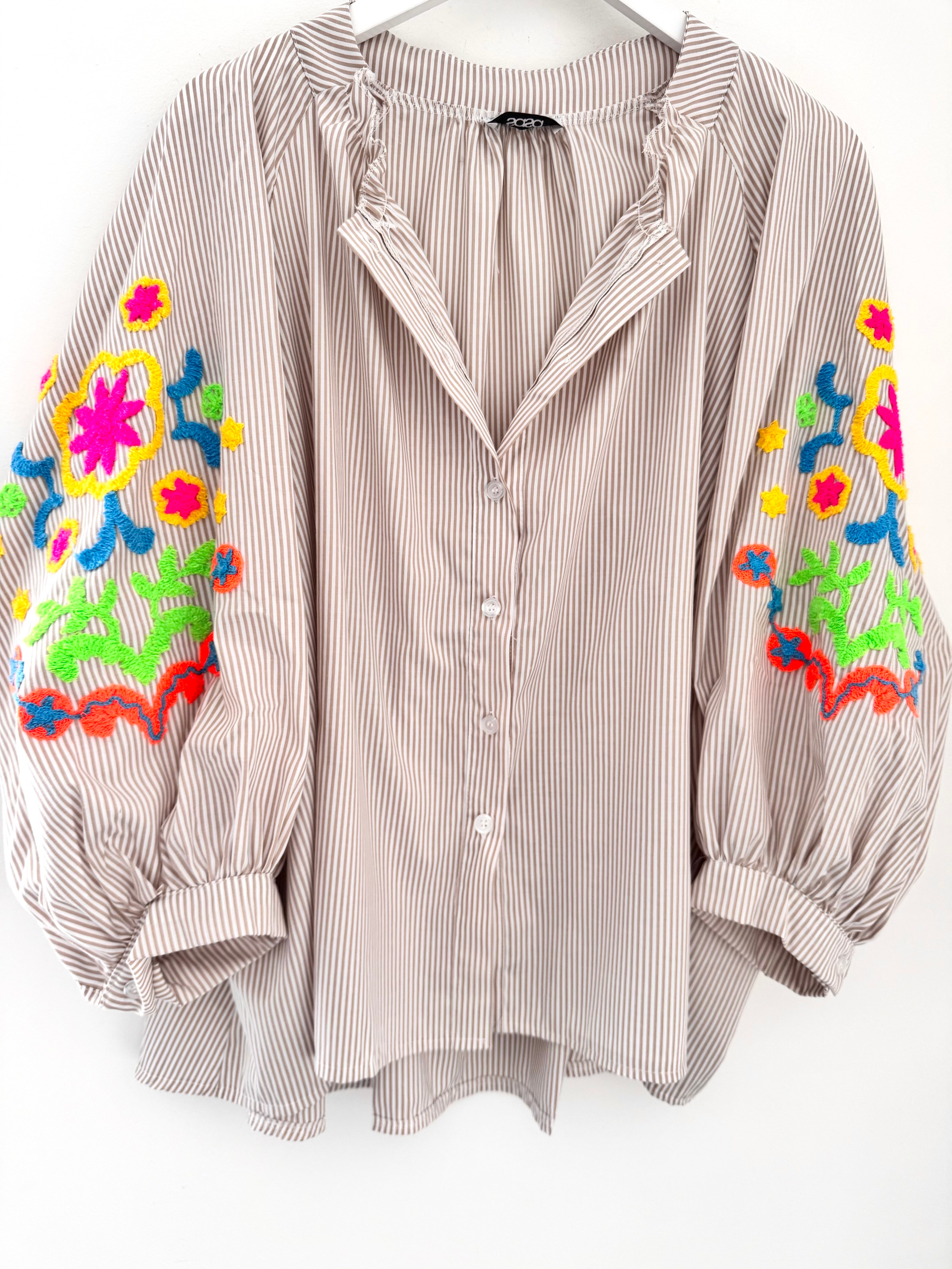 Designer Stripe Shirt with Neon Embroidered Sleeves in Stone