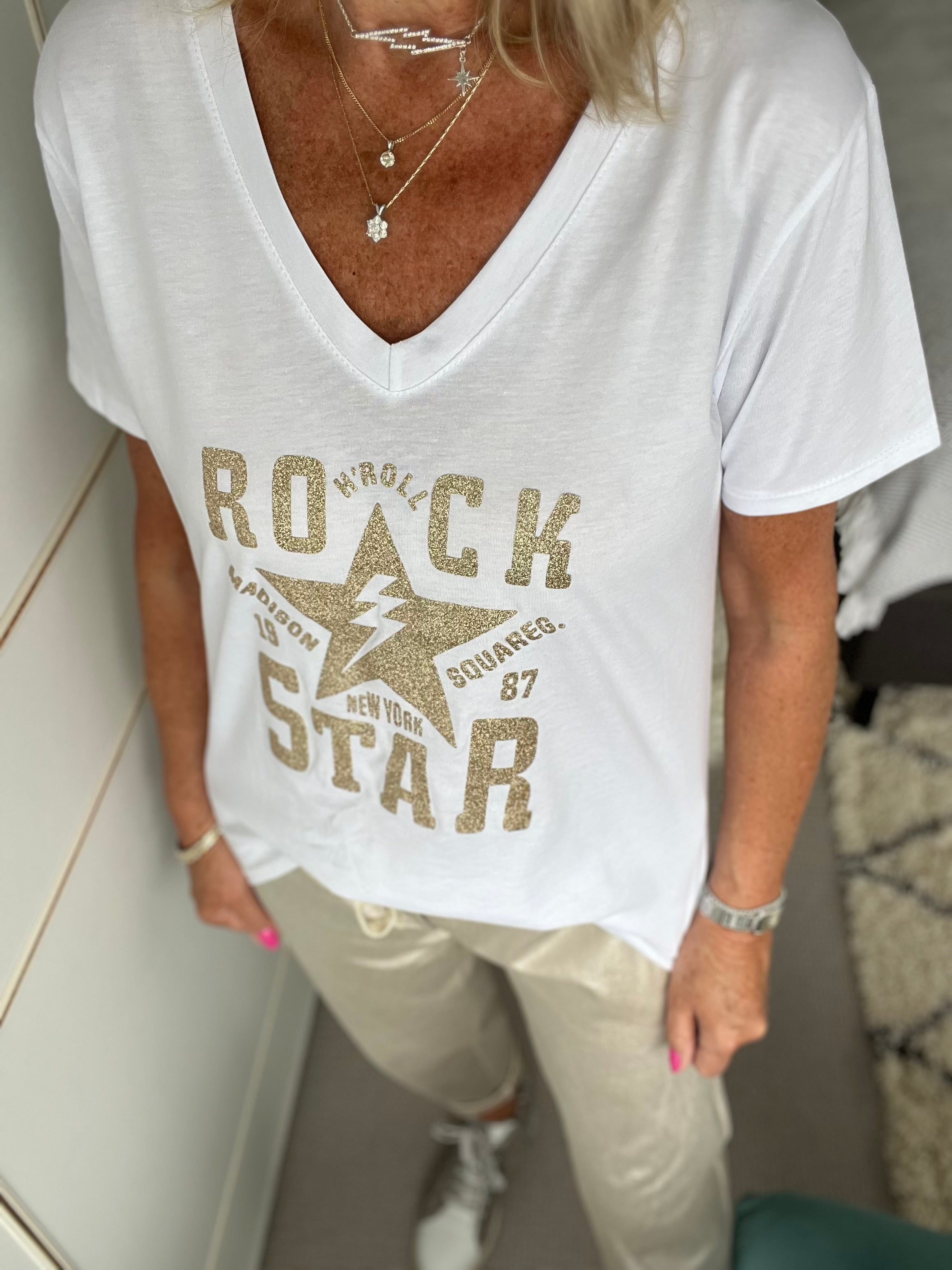 Rock Tee in White & Gold Sparkle