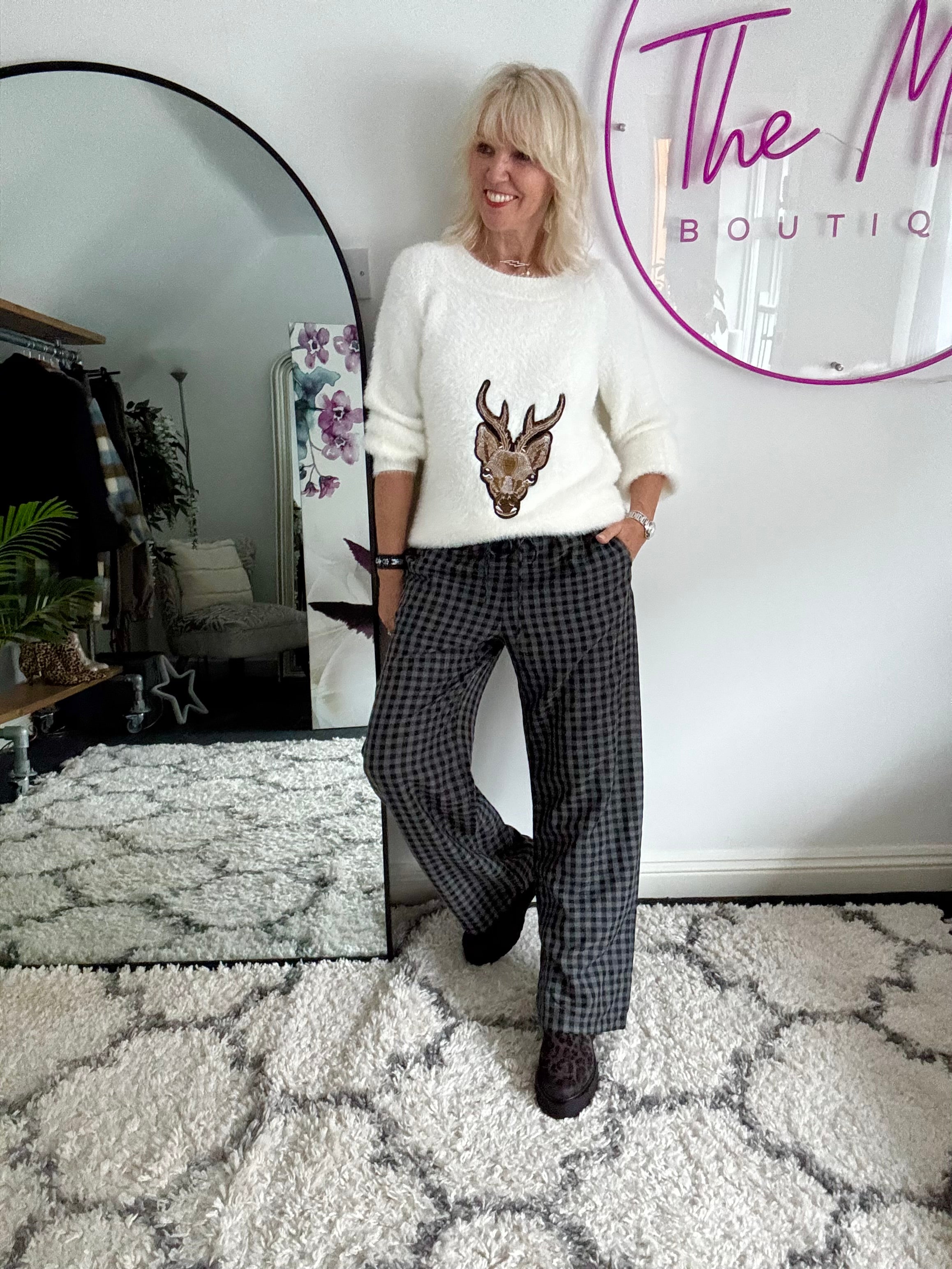 Oh Deer Fluffy Jumper in Winter White