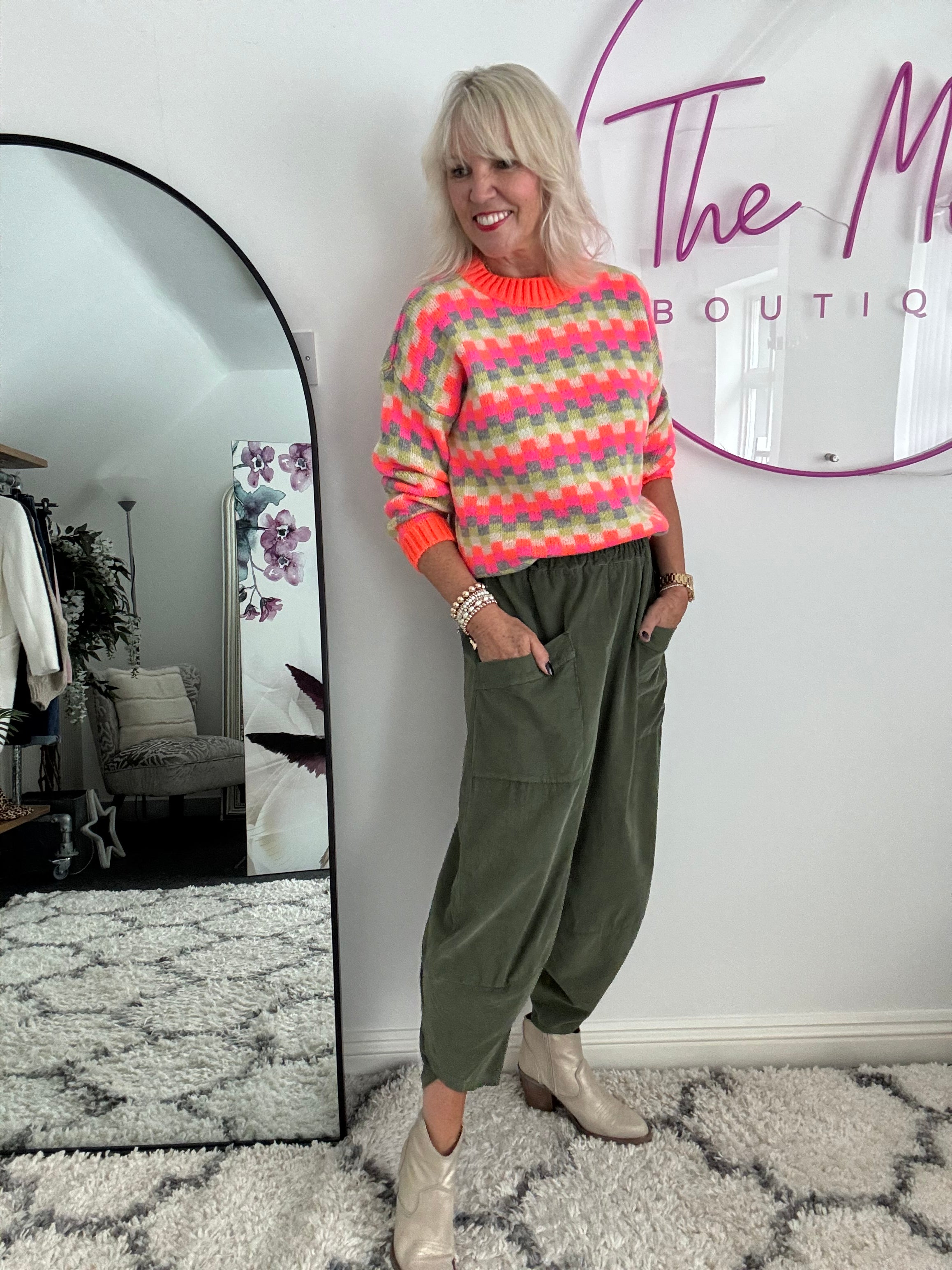 Cord Barrel Leg Trousers in Khaki