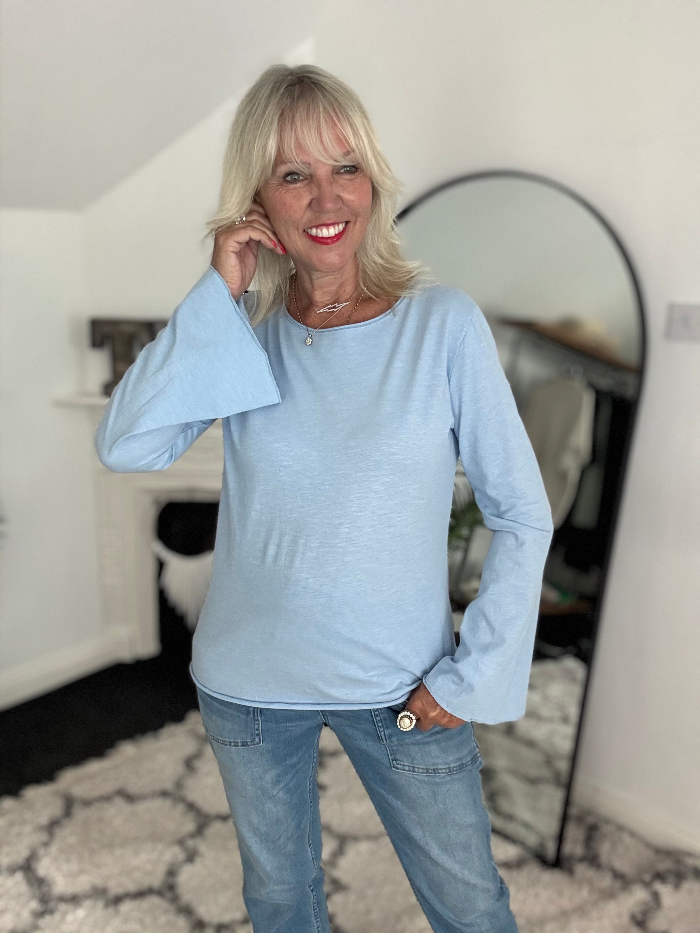 Long Sleeve Top with Flare Sleeves in Light Blue