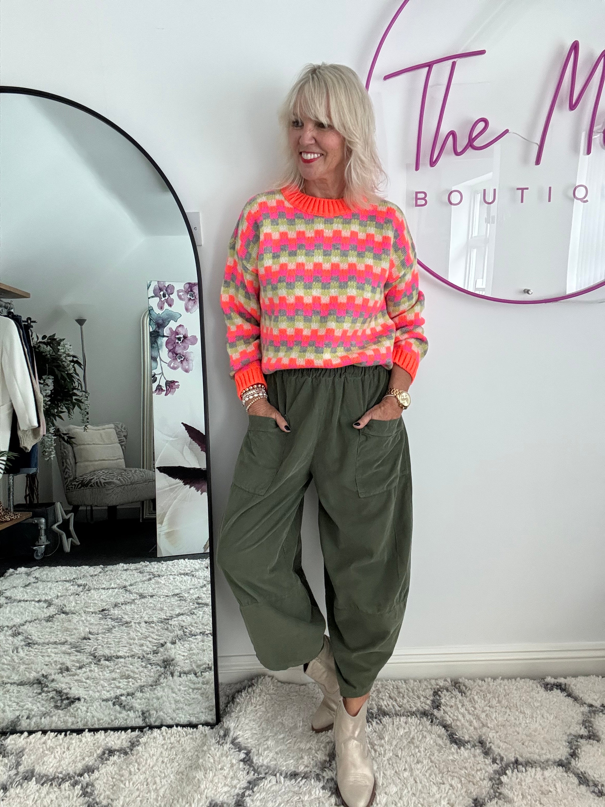 Cord Barrel Leg Trousers in Khaki