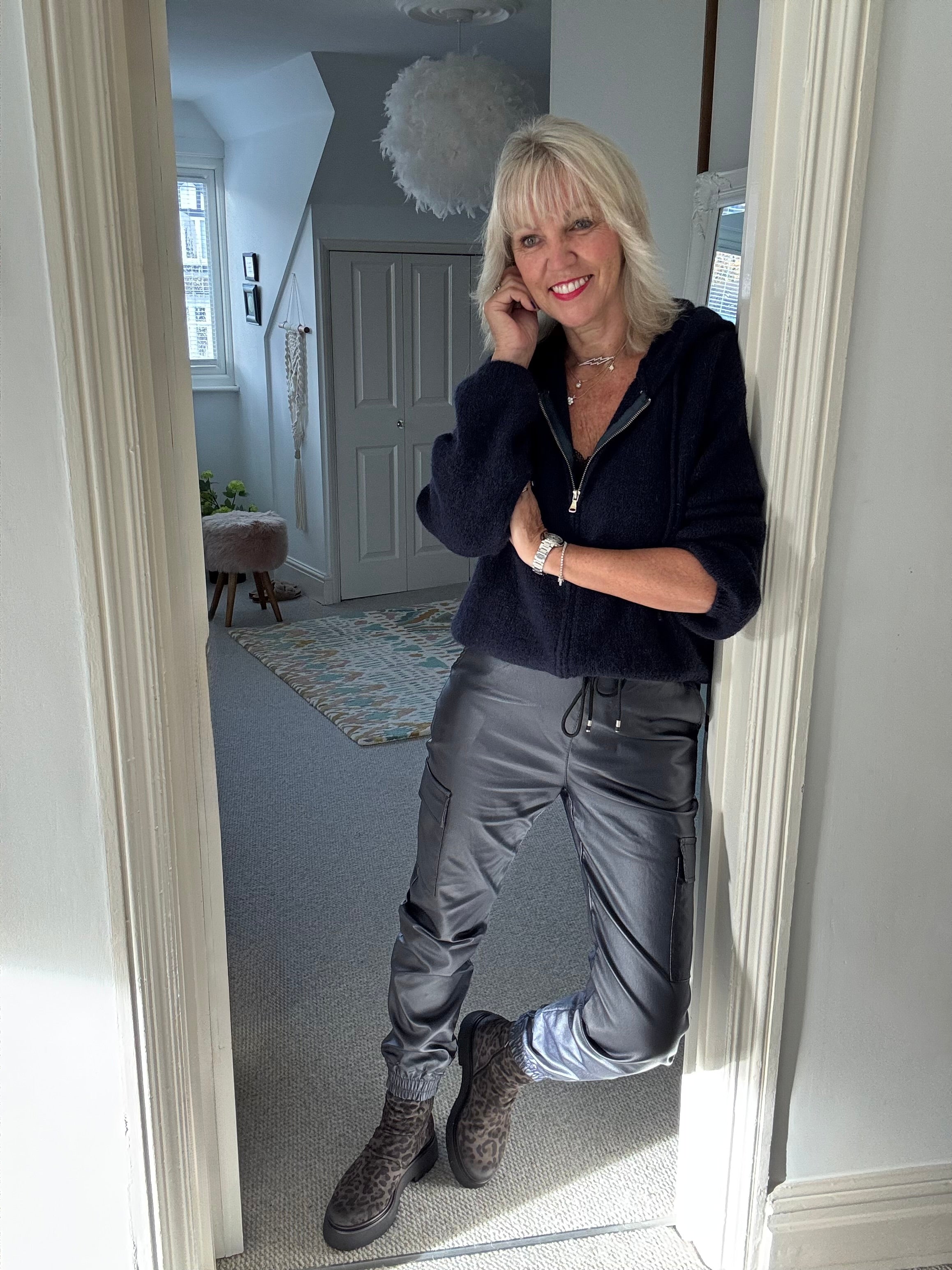 Leather Look Cargo Joggers in Midnight