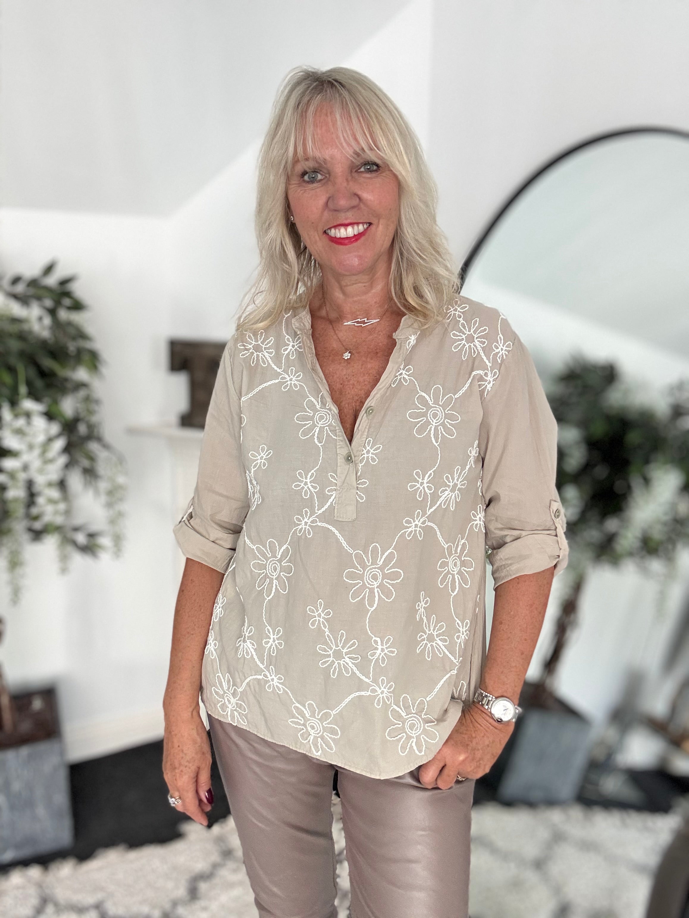 Embroidered Buttoned Top in Stone