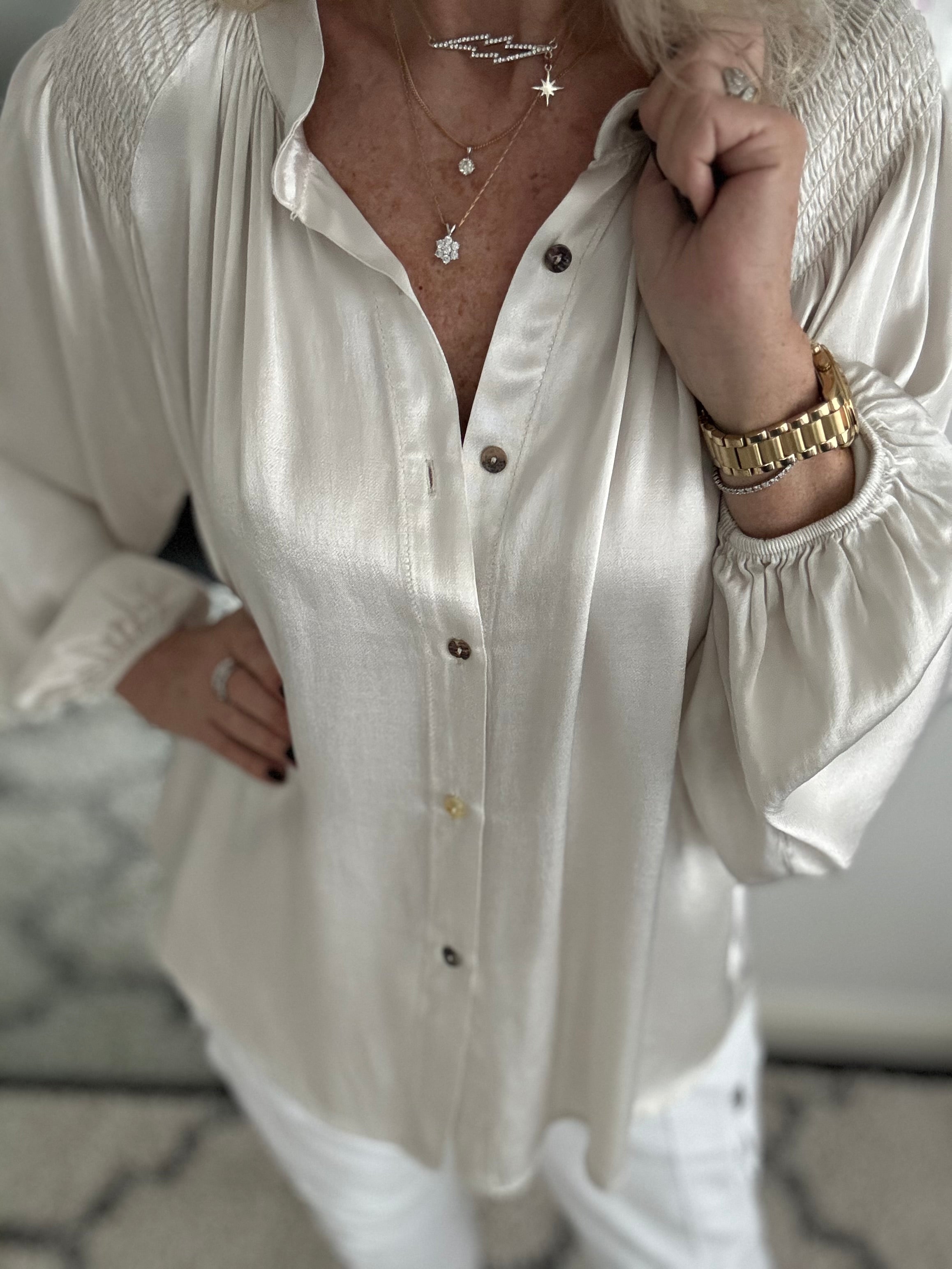 Silky Shirred Blouse in Oyster