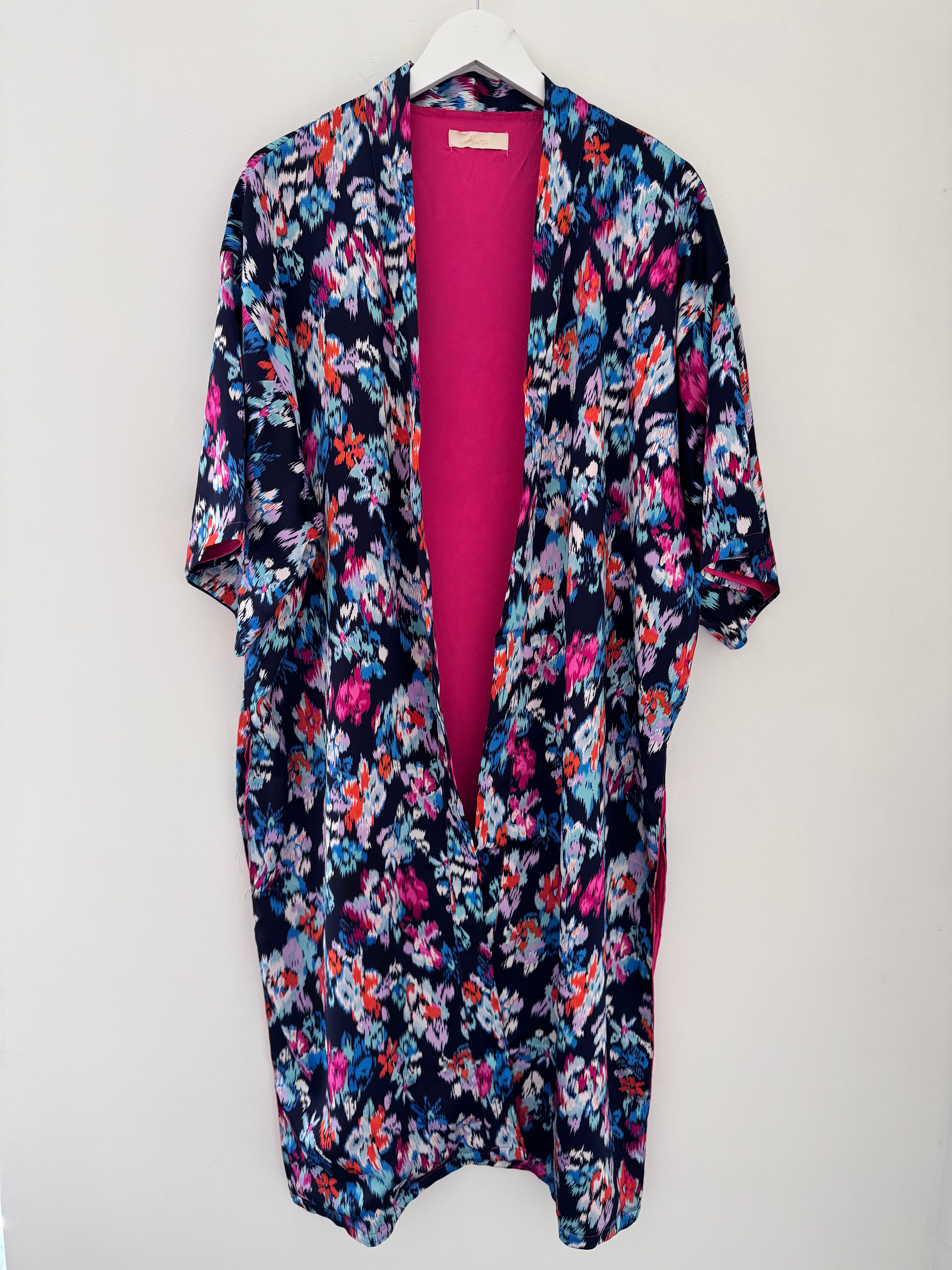 Silky Long Kimono in Blues & Pinks
