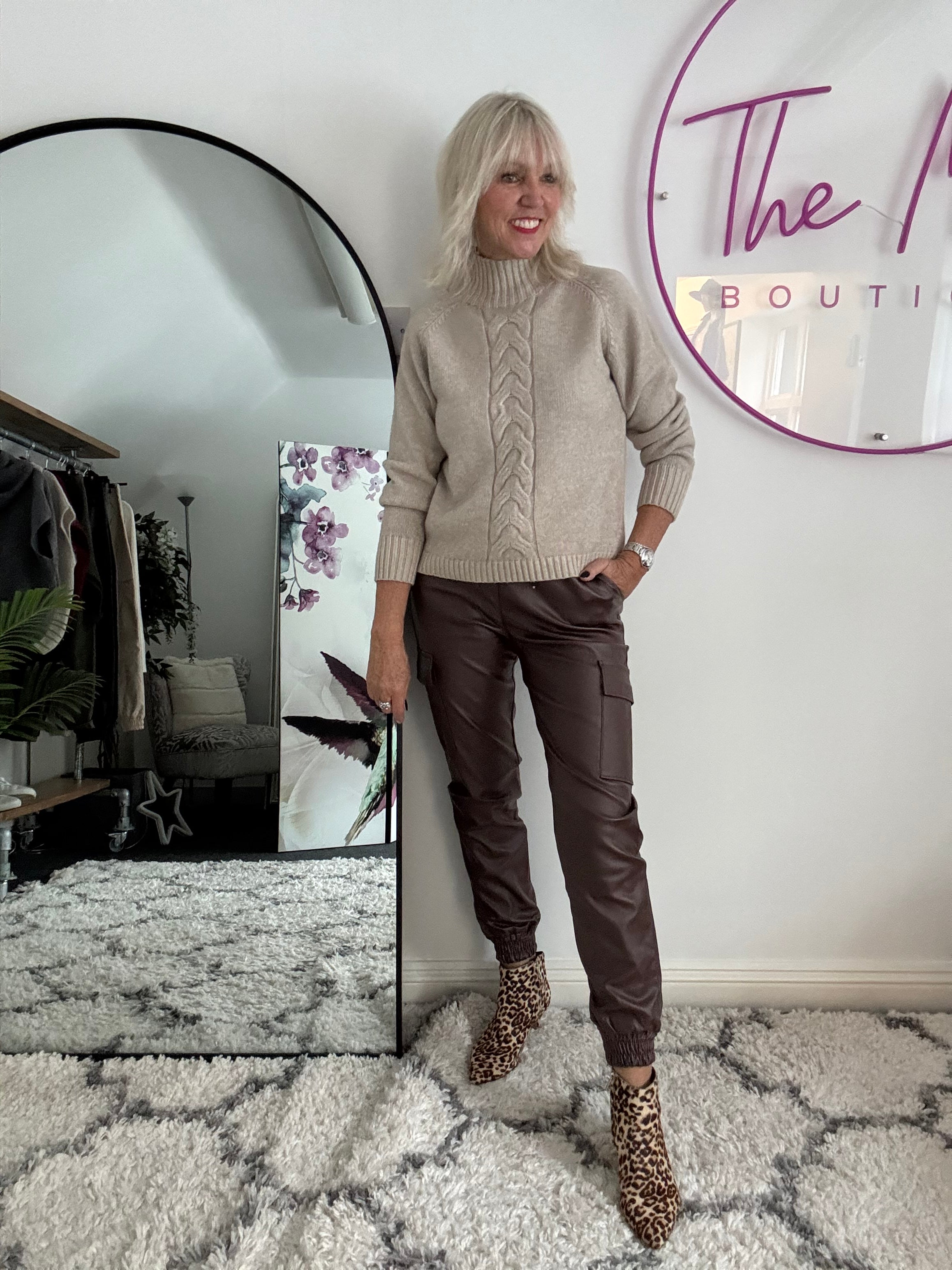 Leather Look Cargo Joggers in Chocolate