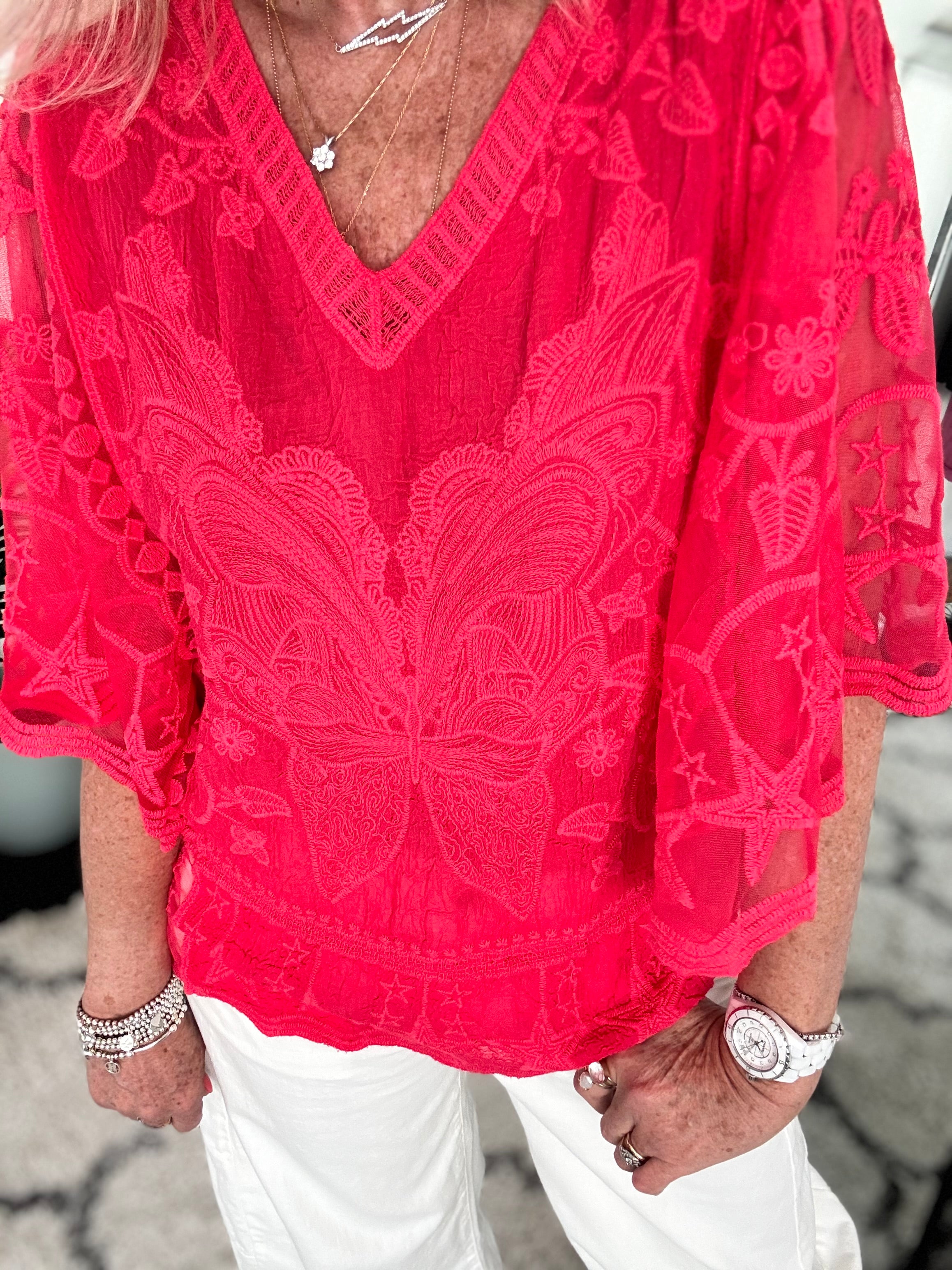 Lace Butterfly & Star Top in Coral Red
