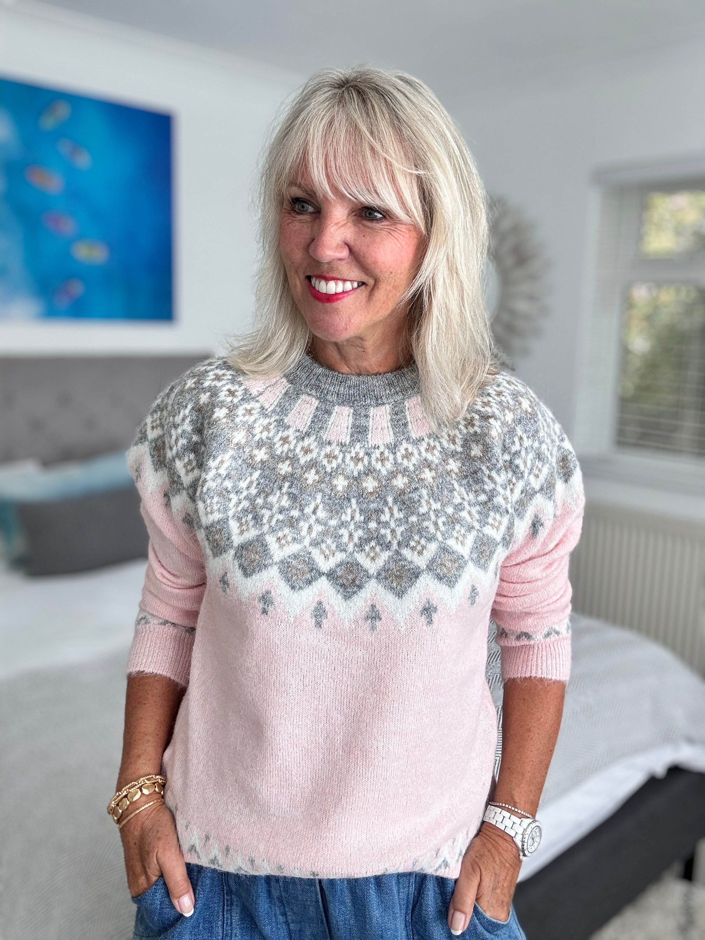 Soft Fair Isle Jumper in Pink & Grey