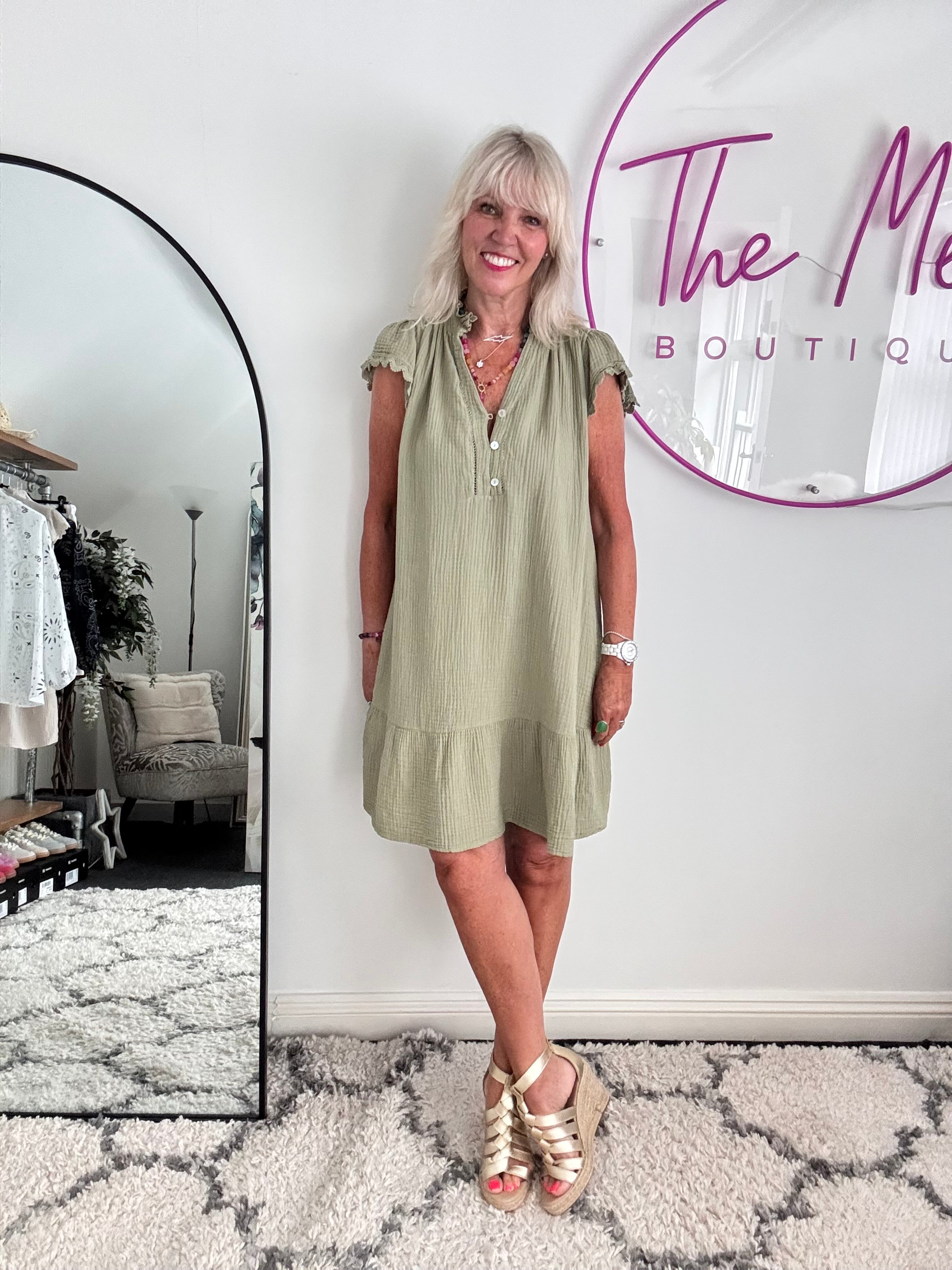 Cheesecloth Dress with Lace Edge Sleeves in Khaki