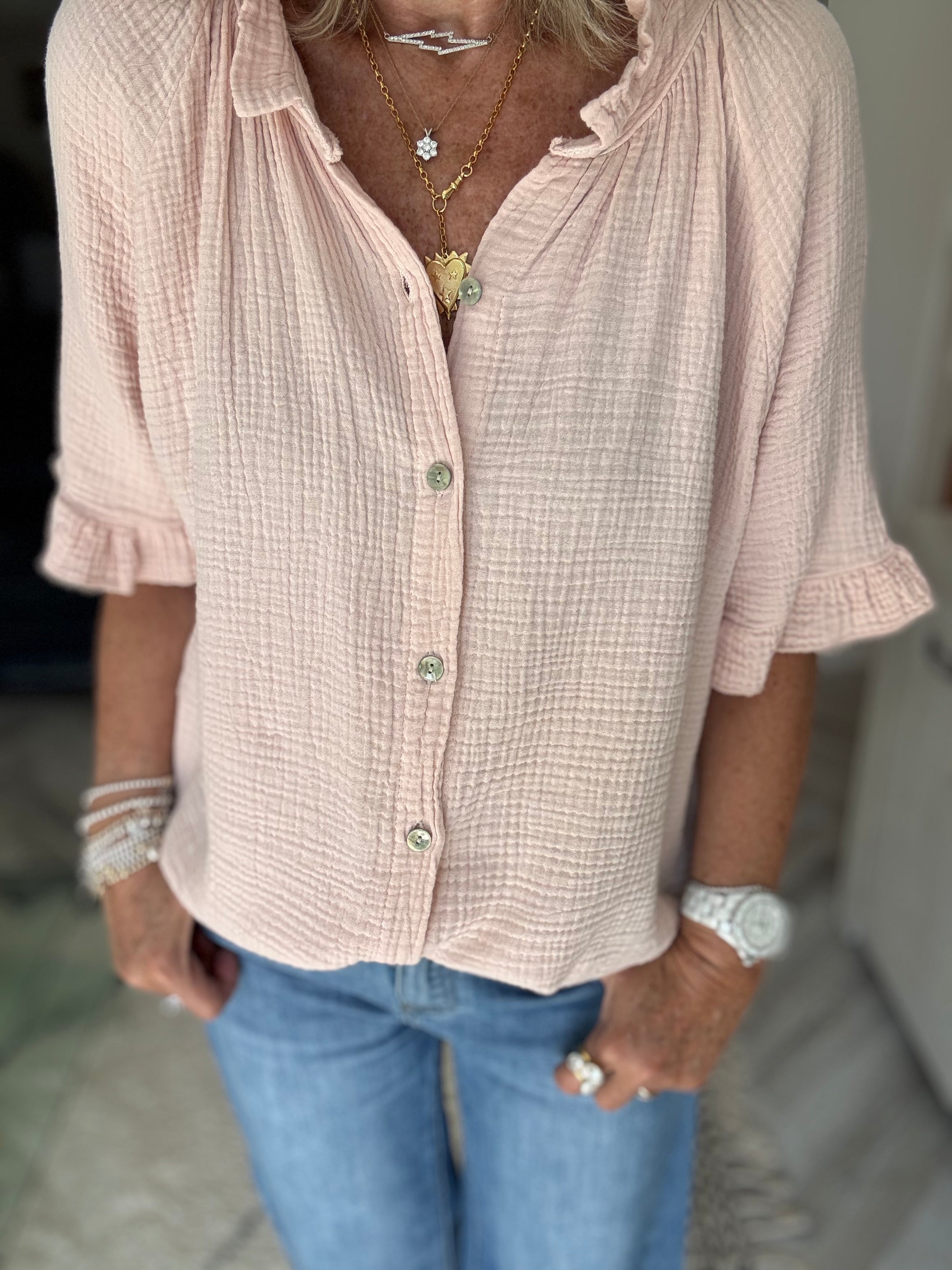 Short Sleeve Cheesecloth Shirt in Shell Pink