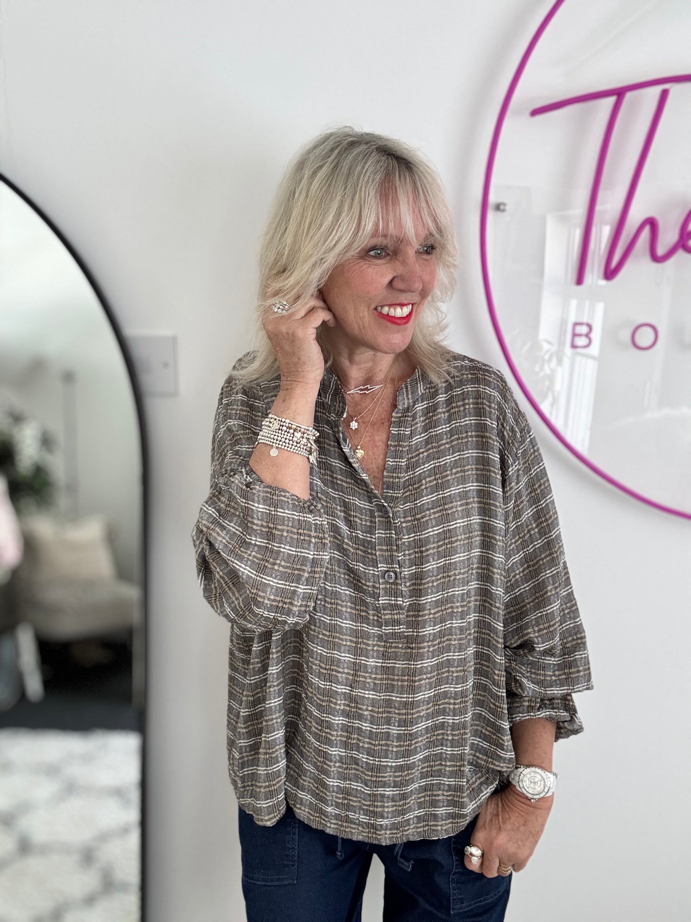 Checked Seersucker Shirt in Mocha