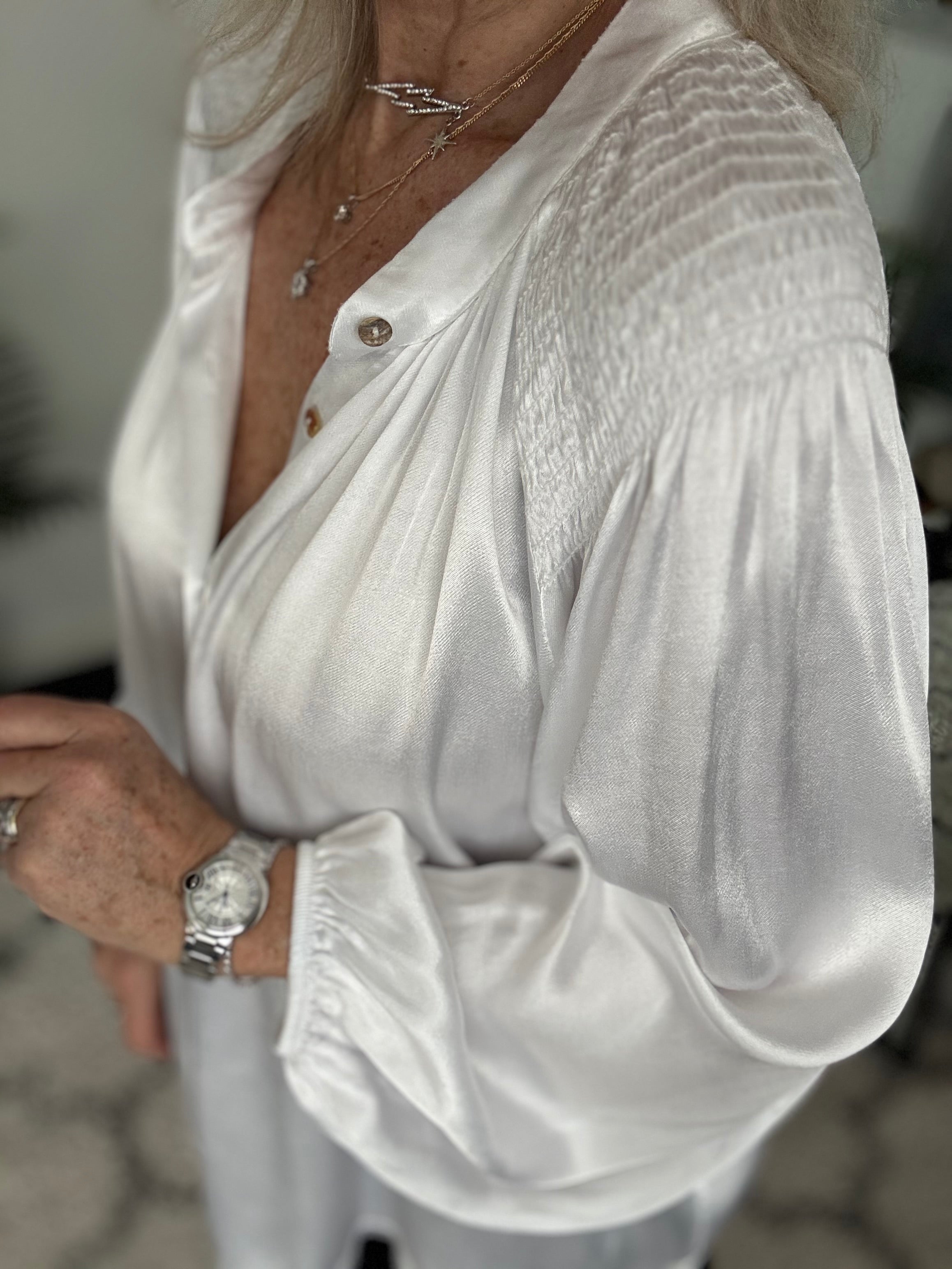 Silky Shirred Blouse in White