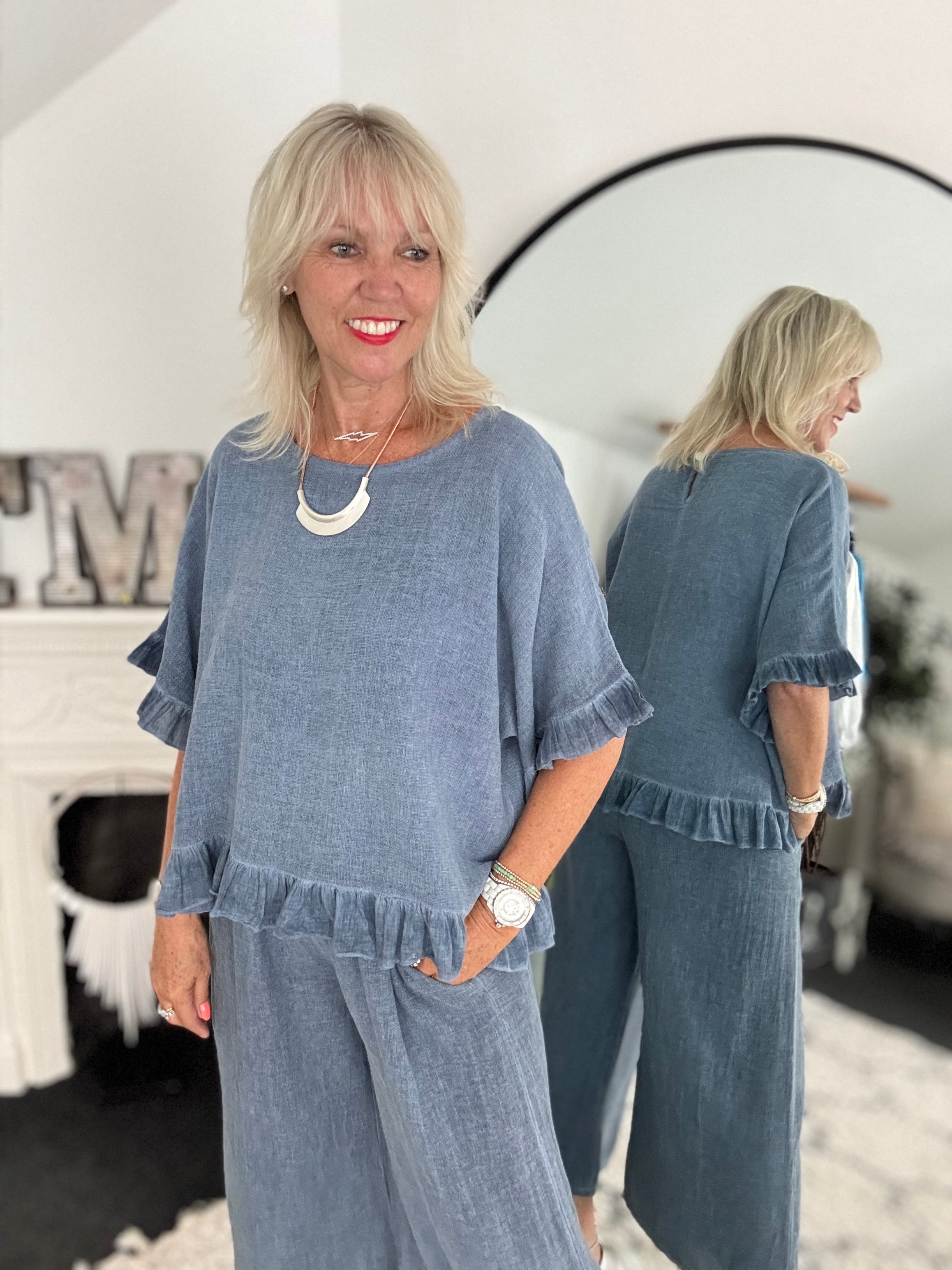 Linen & Cotton Ruffle Edge Top in Denim Blue