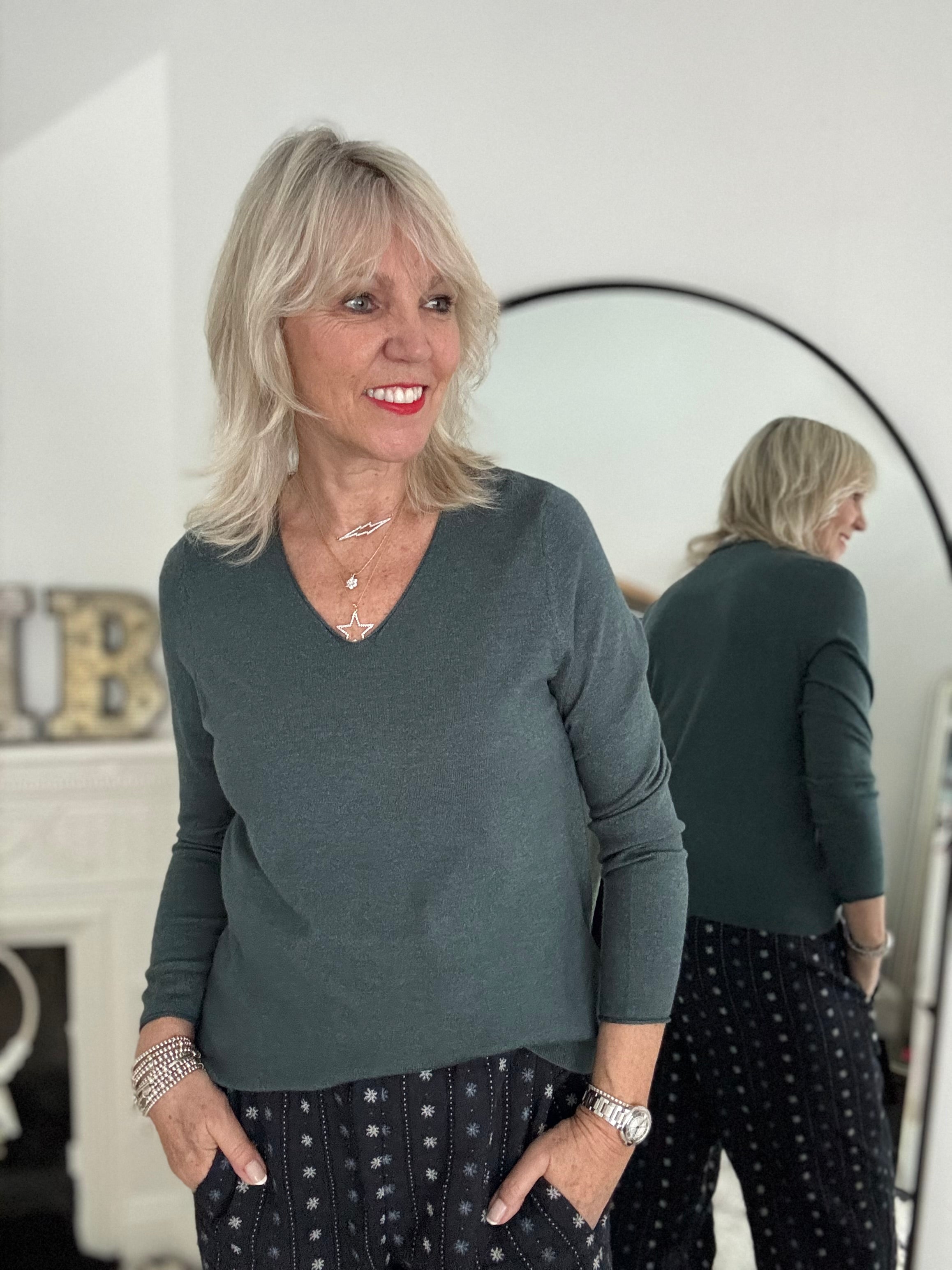 Fine Knit V Neck Jumper in Sea Green