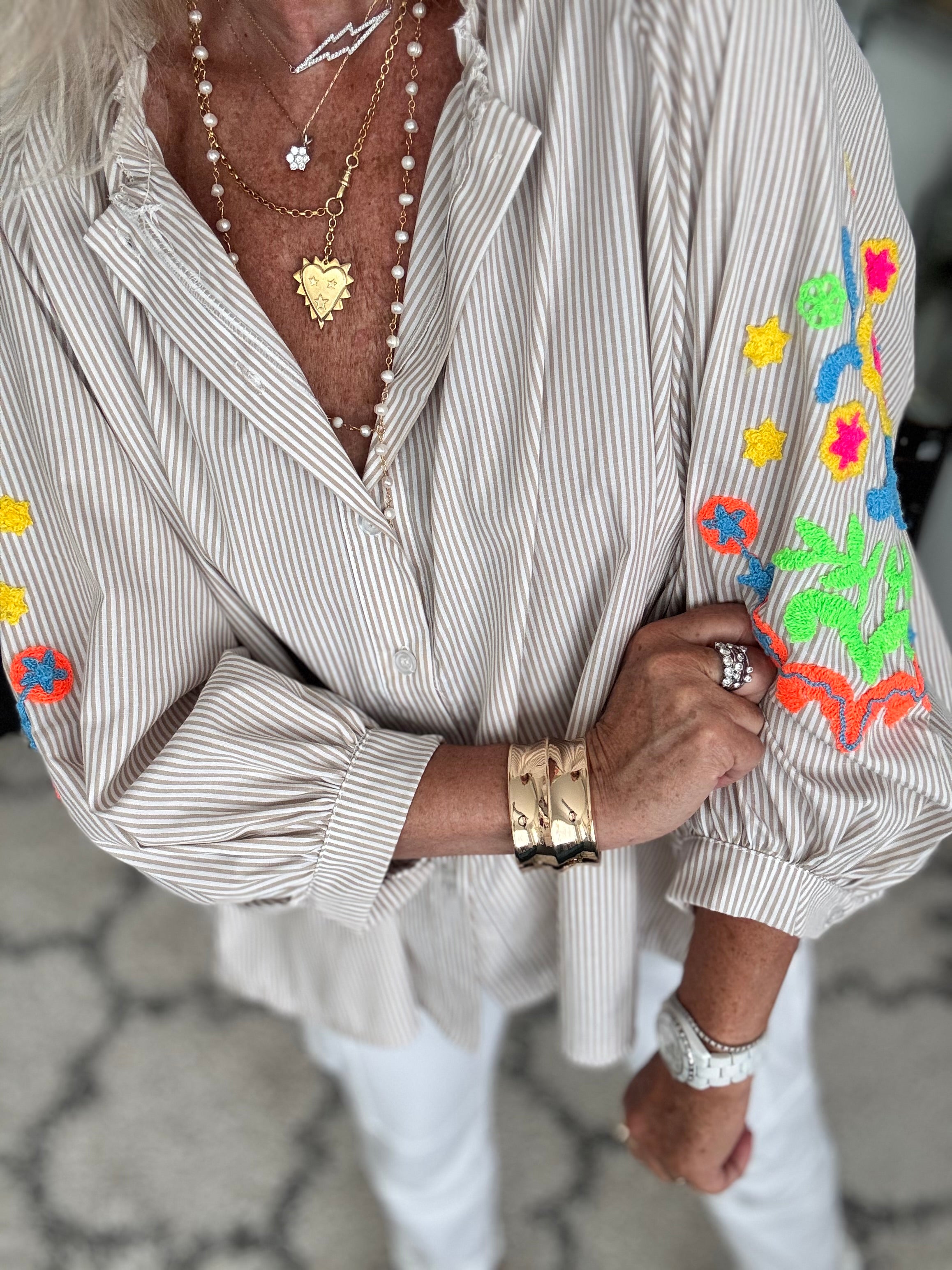 Designer Stripe Shirt with Neon Embroidered Sleeves in Stone