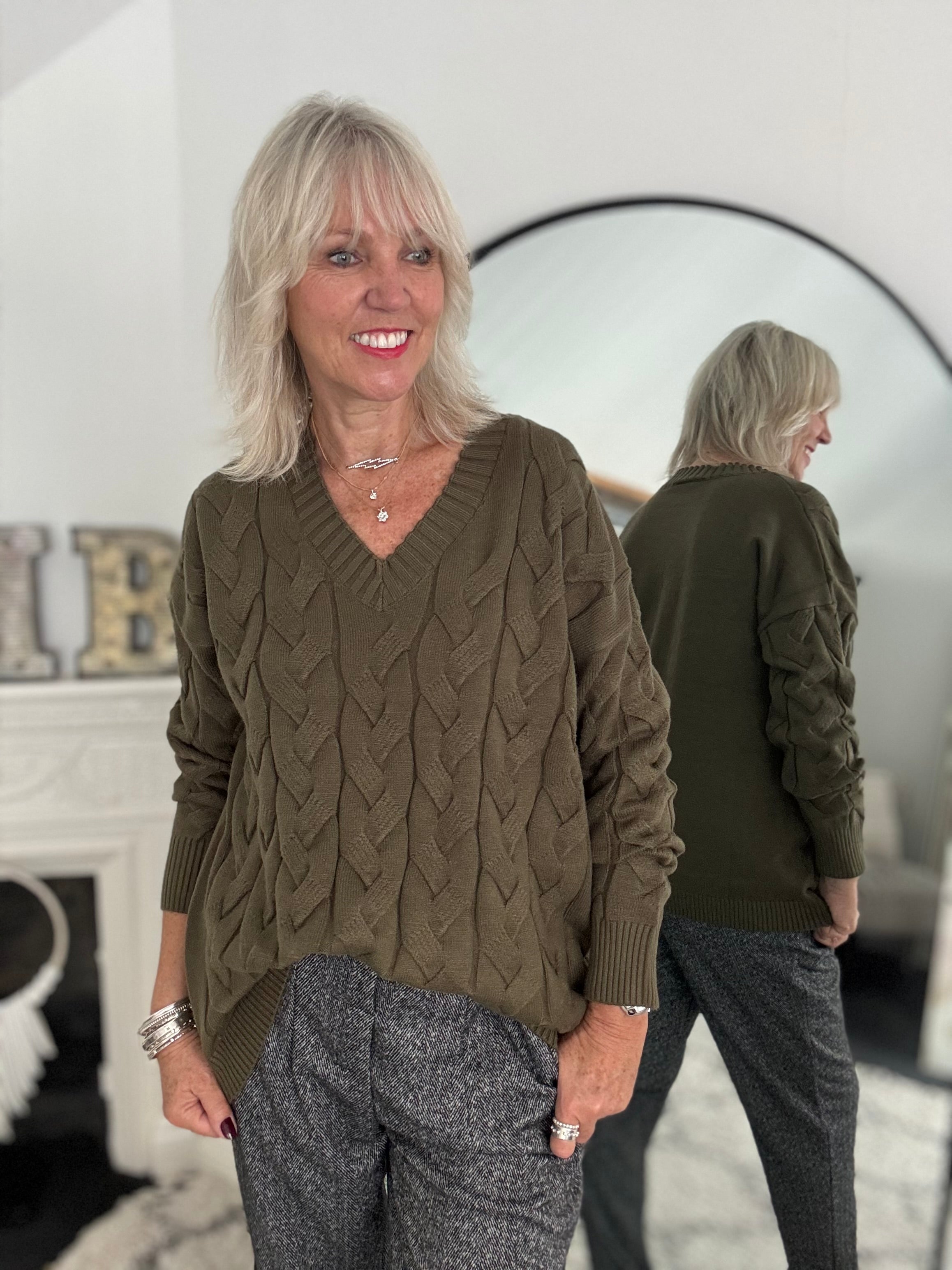 V Neck Cable Jumper in Khaki