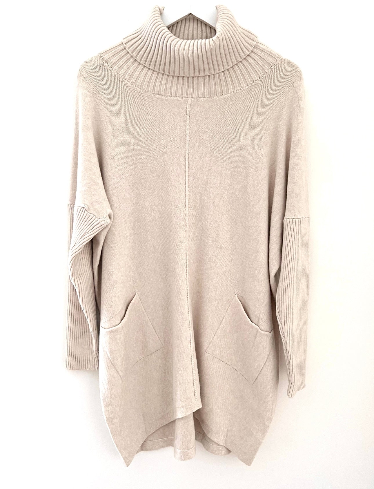 Roll Neck & Pocket Jumper in Warm Stone