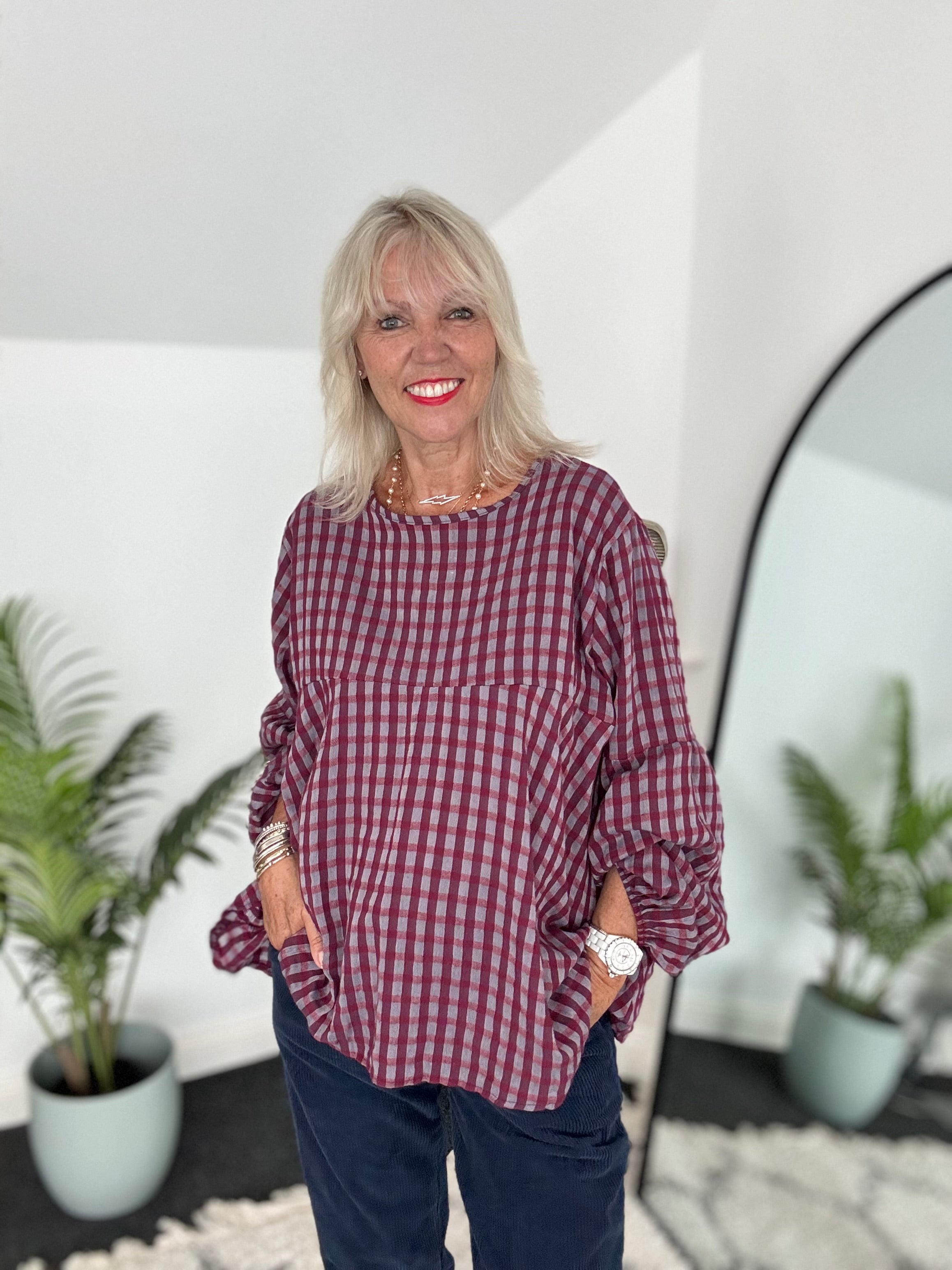 Oversized Check Top in Plum