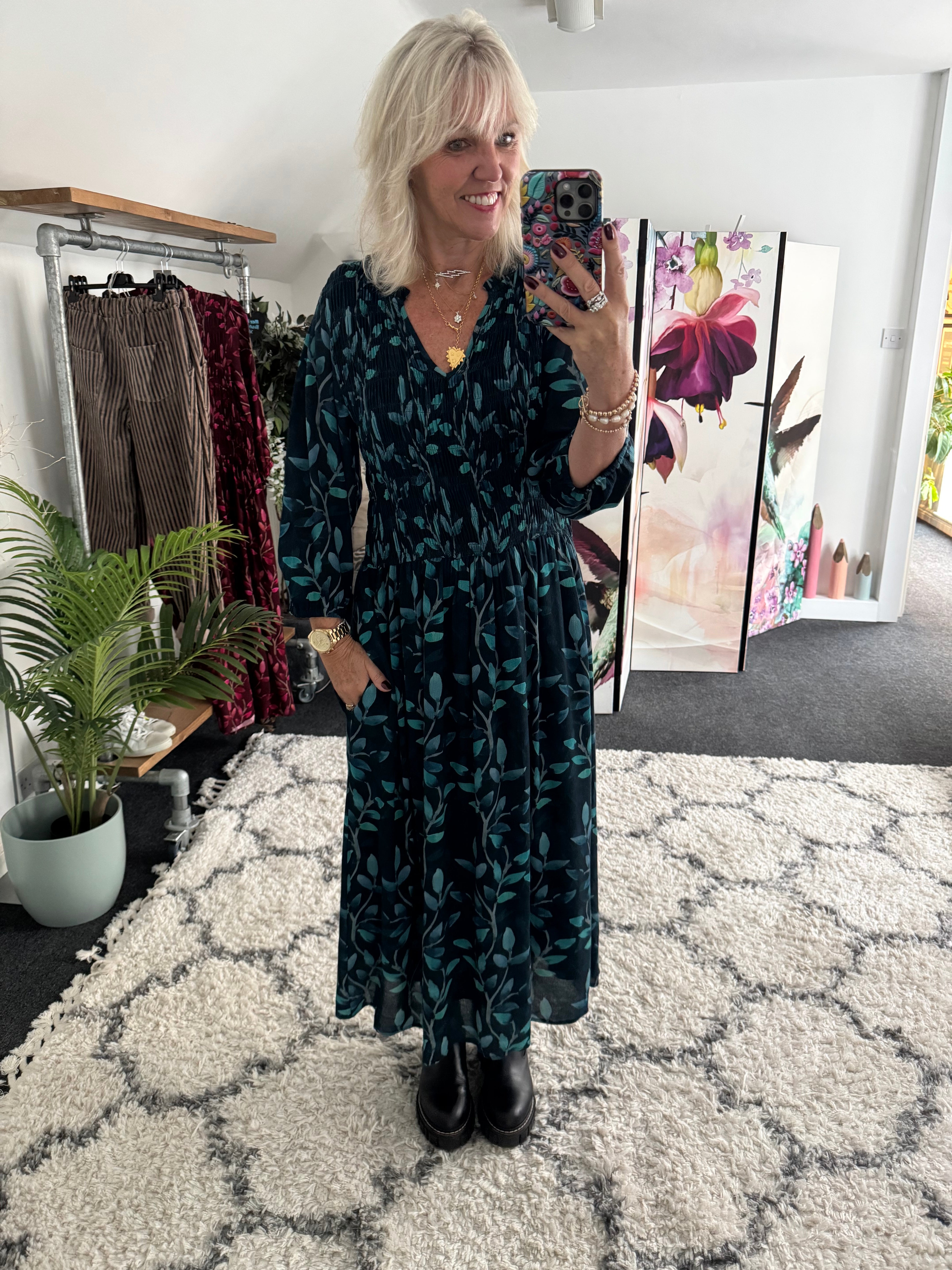 Leaf Print Dress with Shirred Bodice in Teal