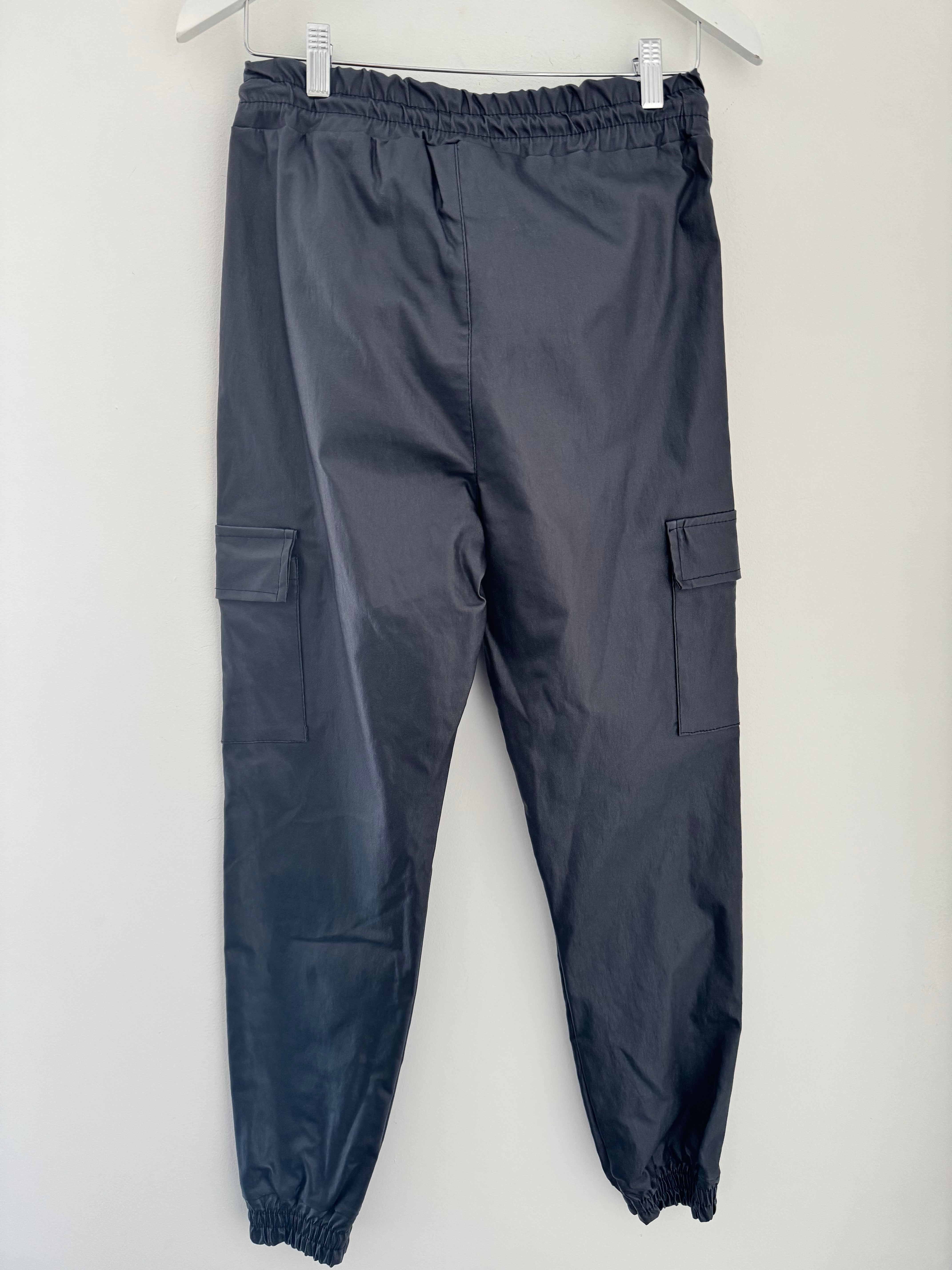 Leather Look Cargo Joggers in Midnight