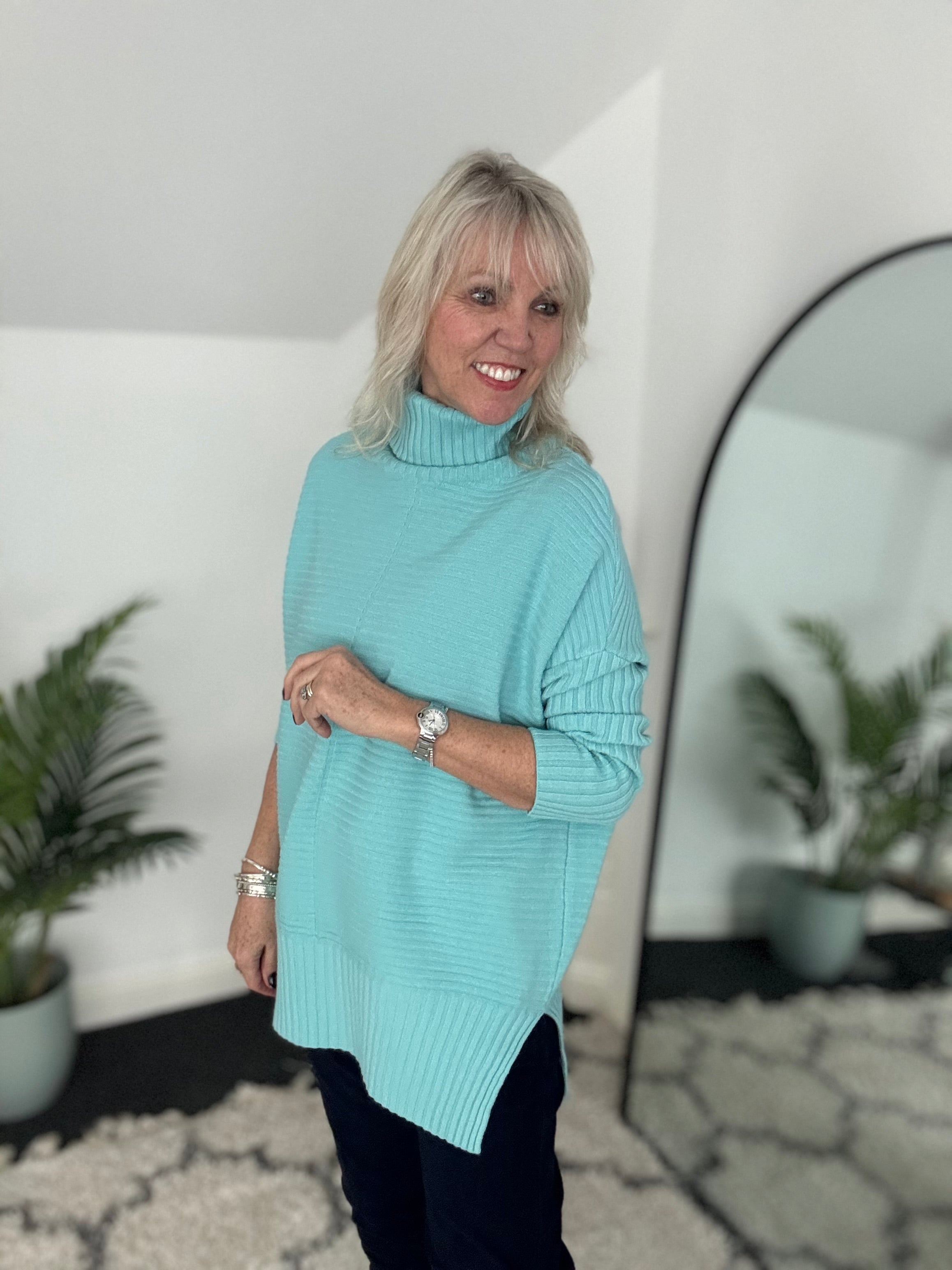 Ribbed Roll Neck Poncho Jumper In Aqua