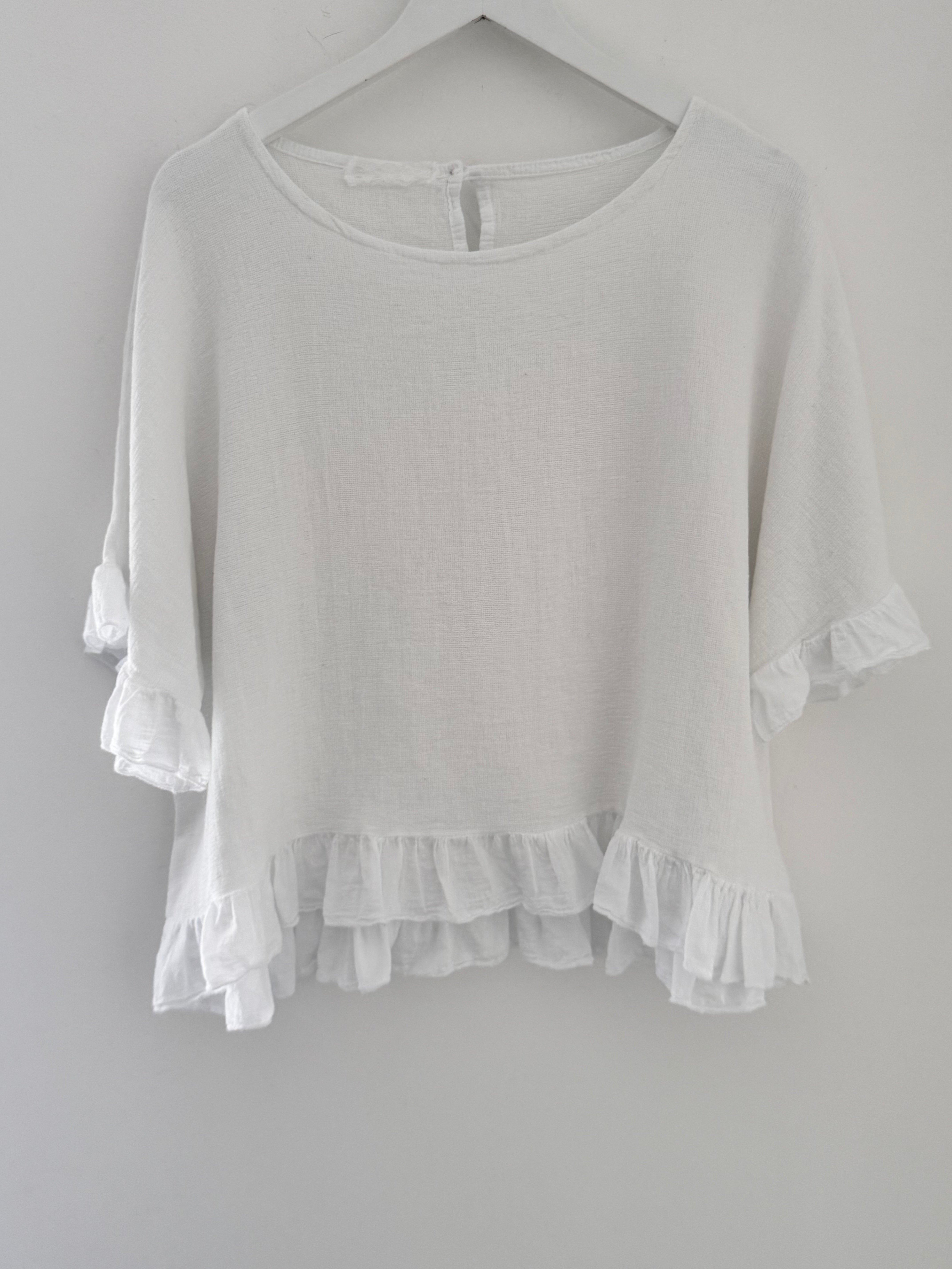 Linen & Cotton Ruffle Edge Top in White