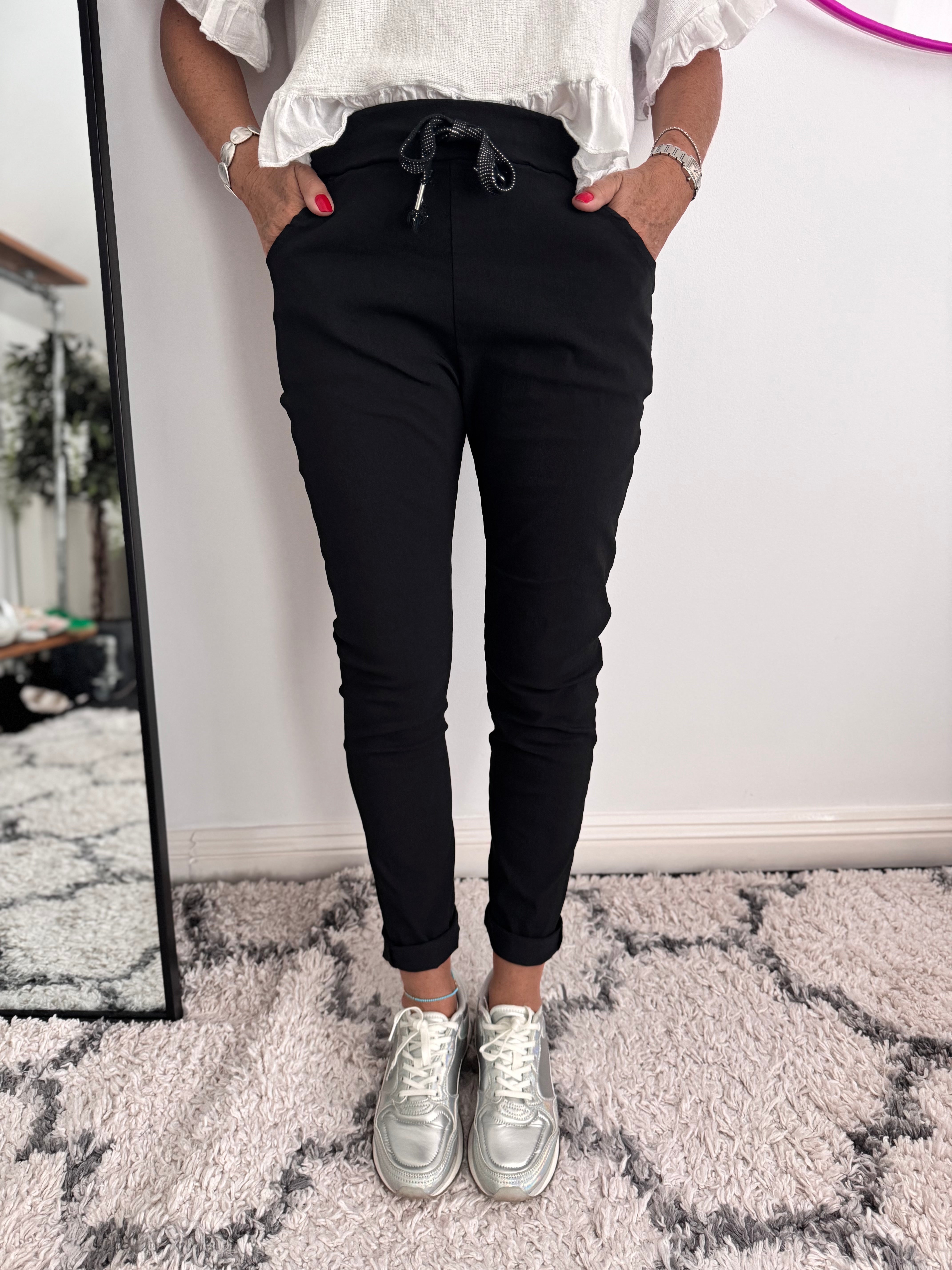 Super Stretch Joggers with Sparkly Tie in Black