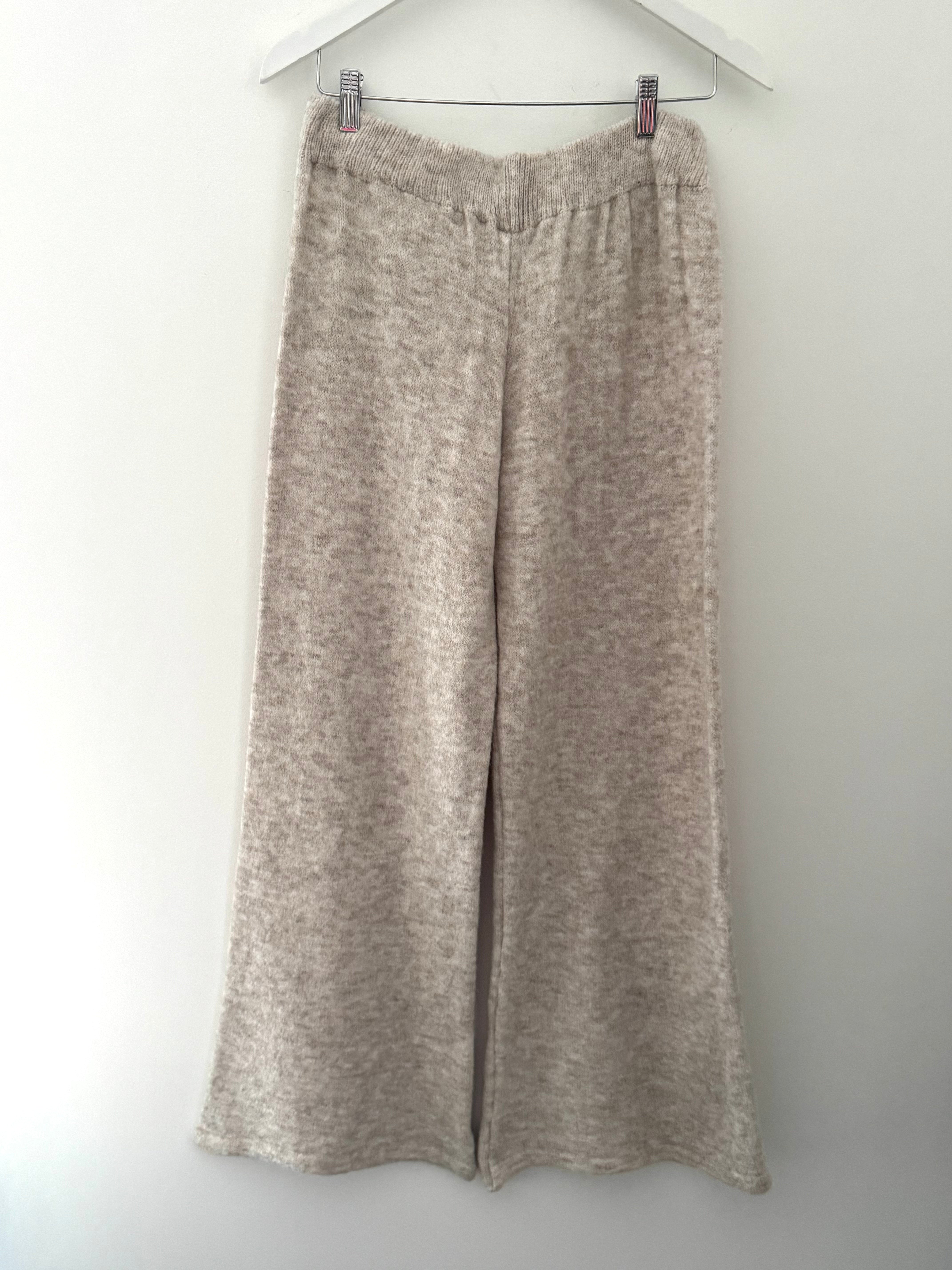 Wide Leg Knitted Trousers in Light Stone