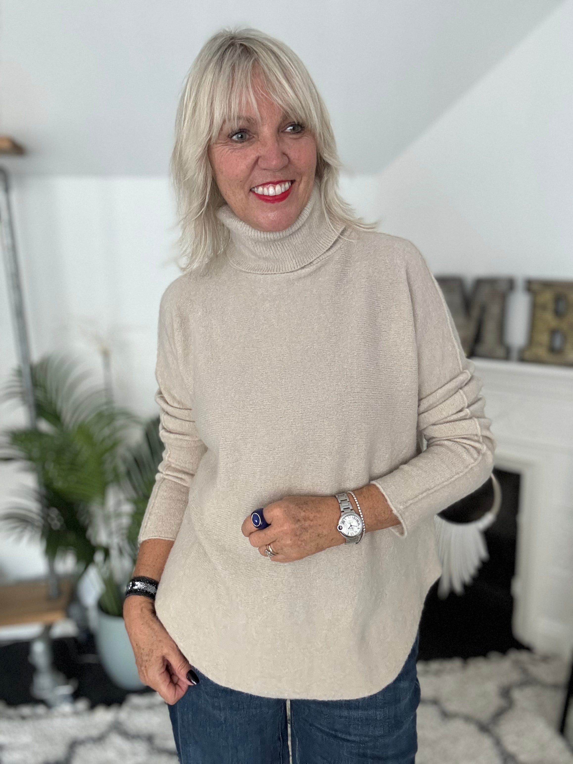 Simple Roll Neck Jumper in Latte