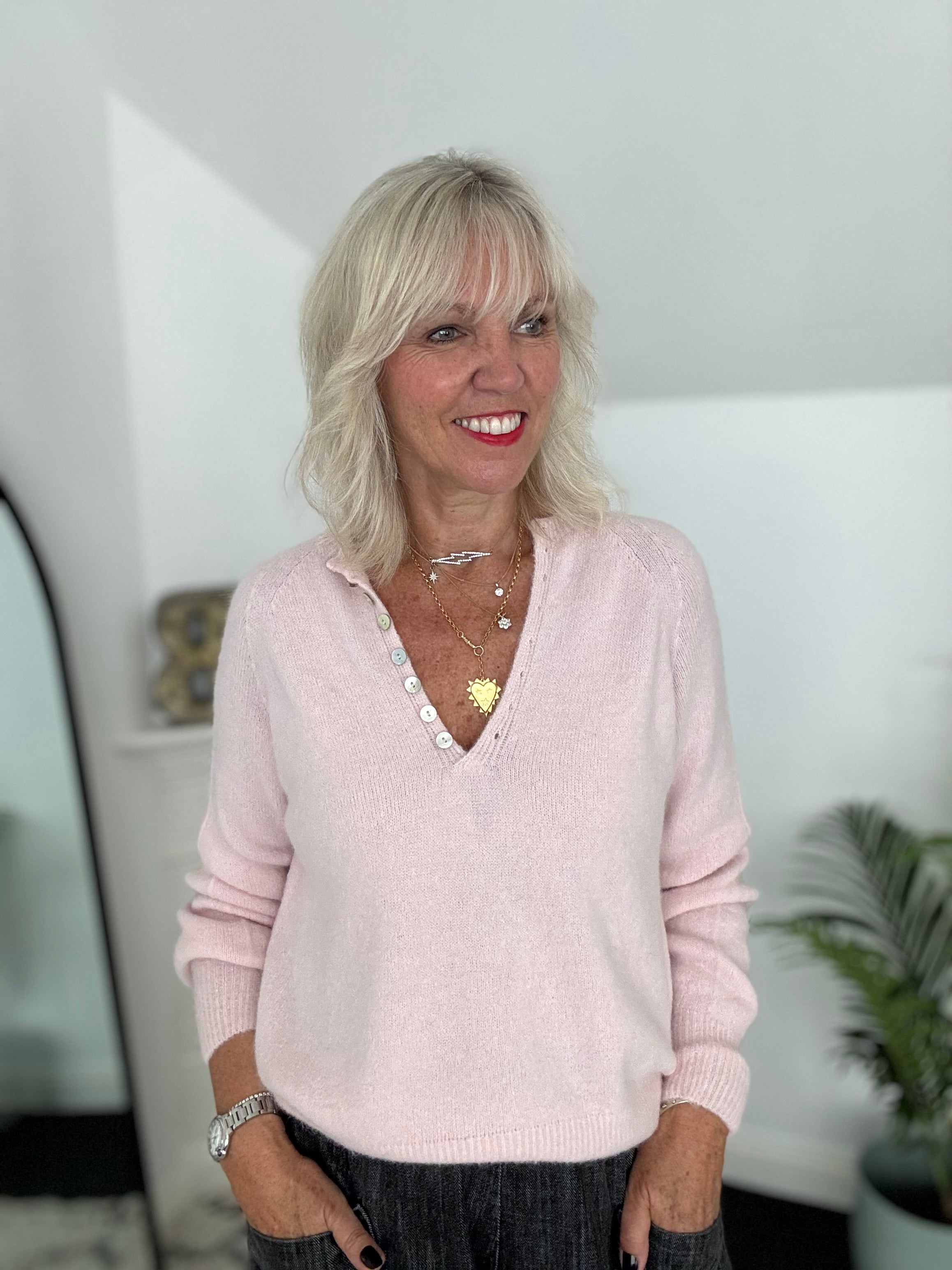 Softie Jumper with Button Neck in Soft Pink