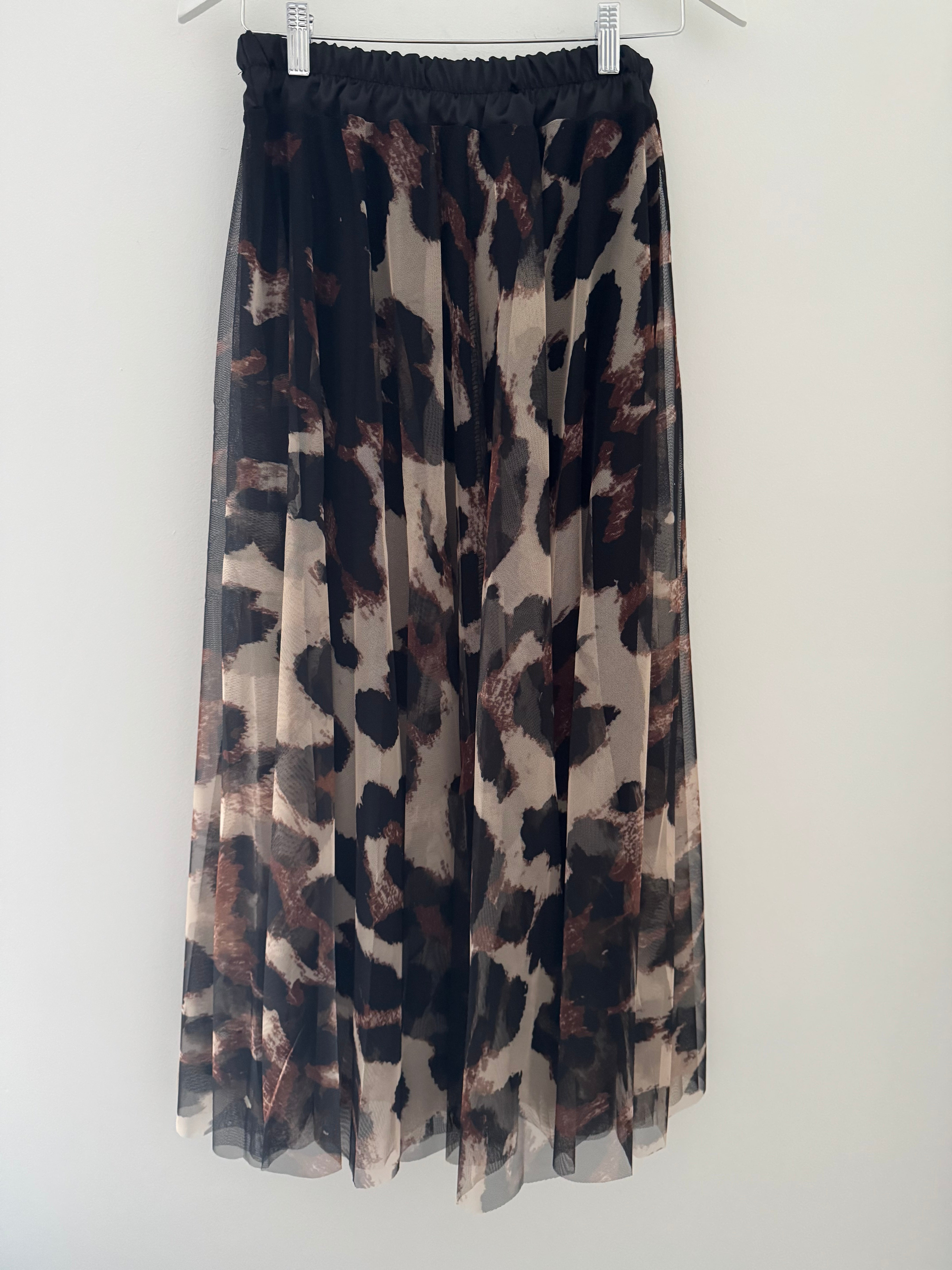 Tulle Midi Skirt in Black & Tan Leopard