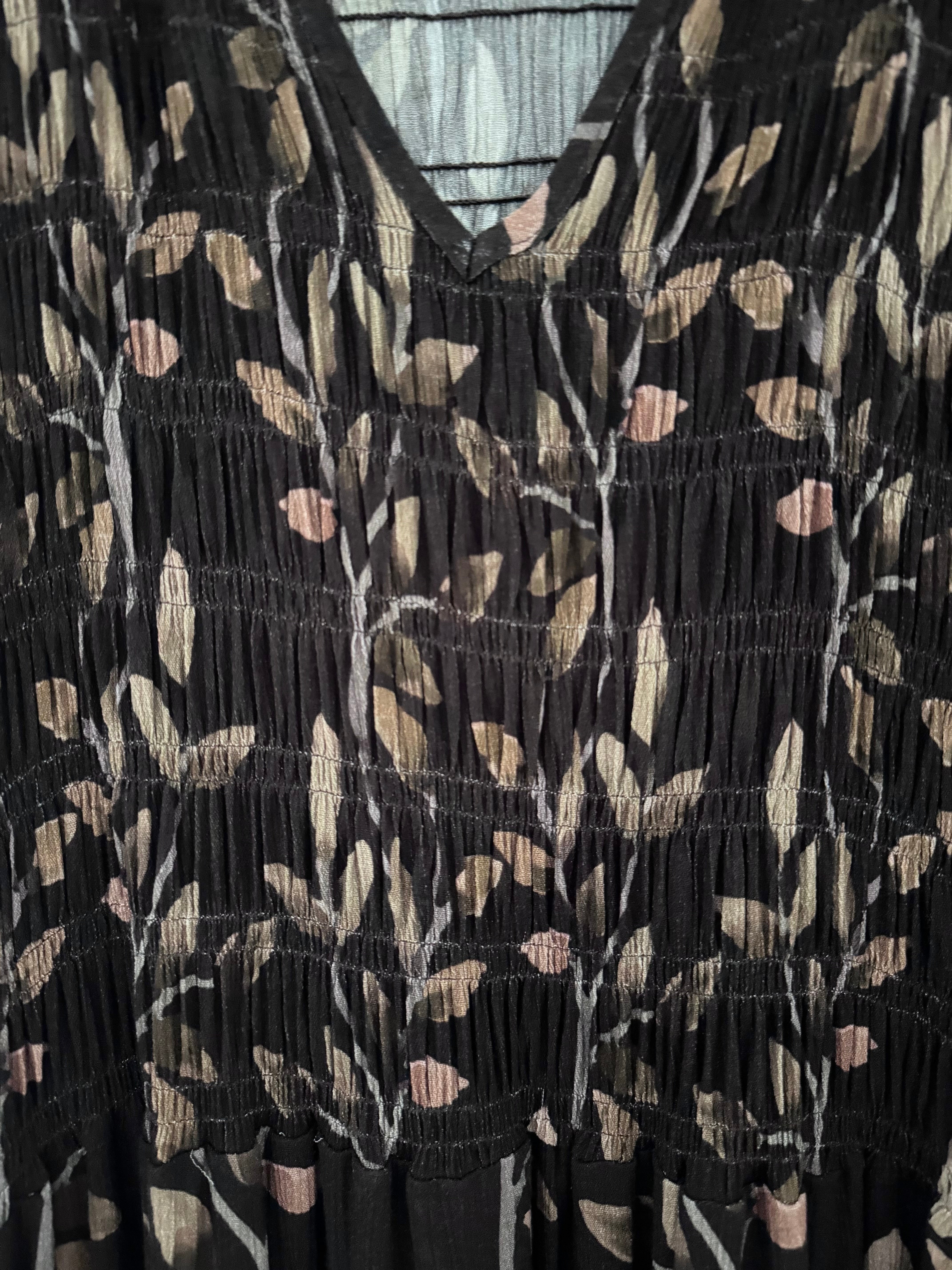 Leaf Print Dress with Shirred Bodice in Chocolate