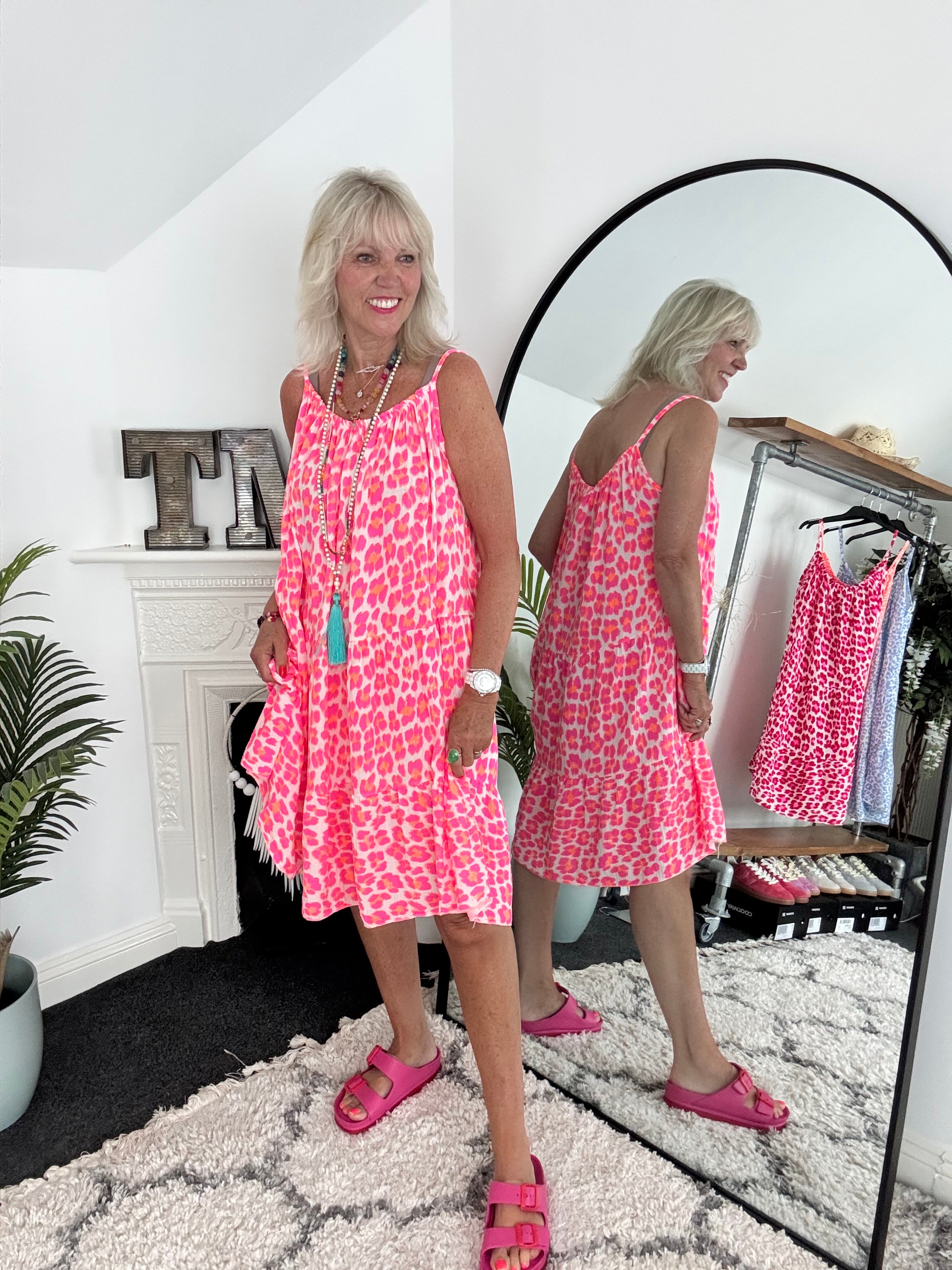 Leopard Cheesecloth Dress in Neon Pink