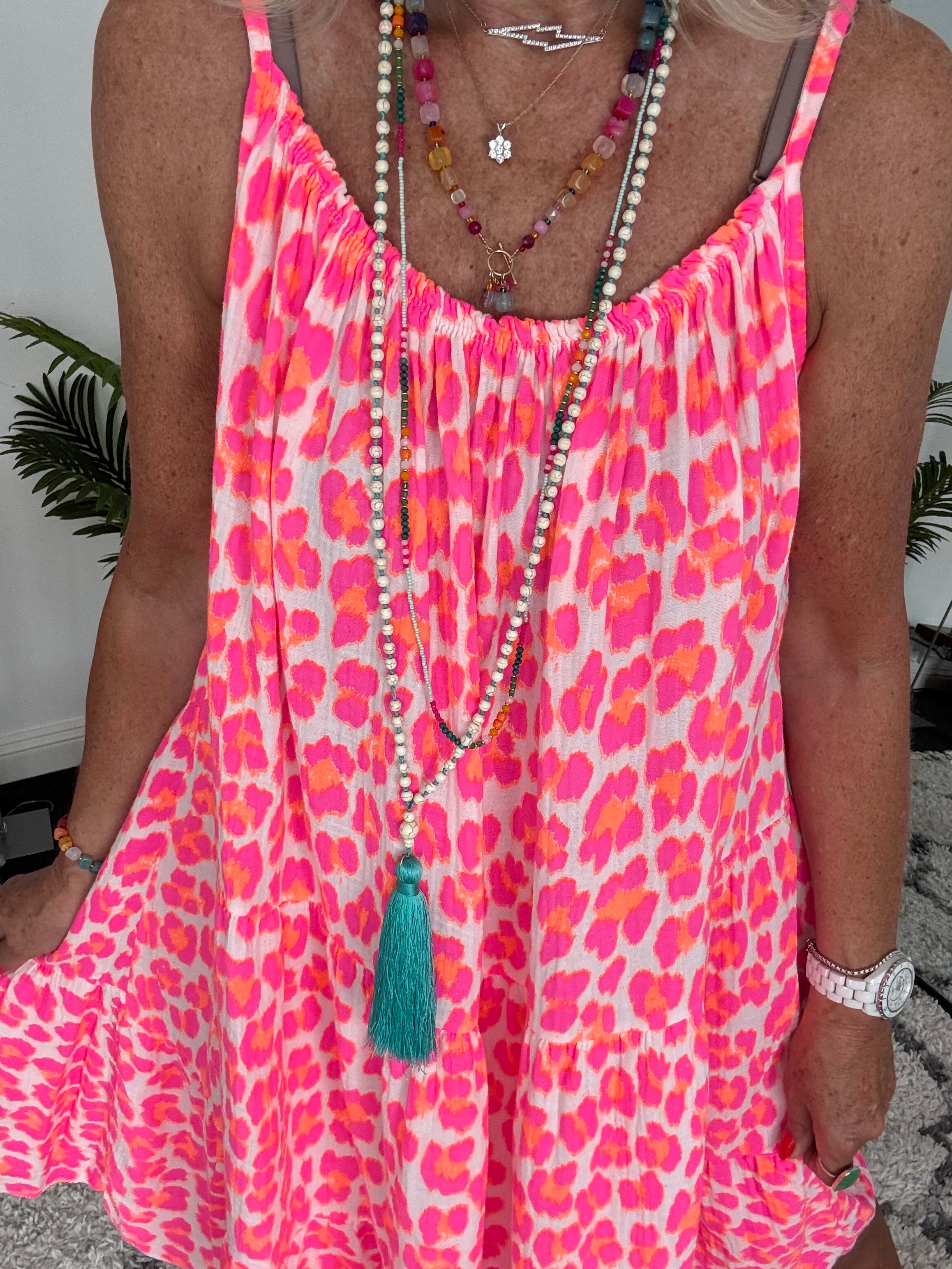 Leopard Cheesecloth Dress in Neon Pink