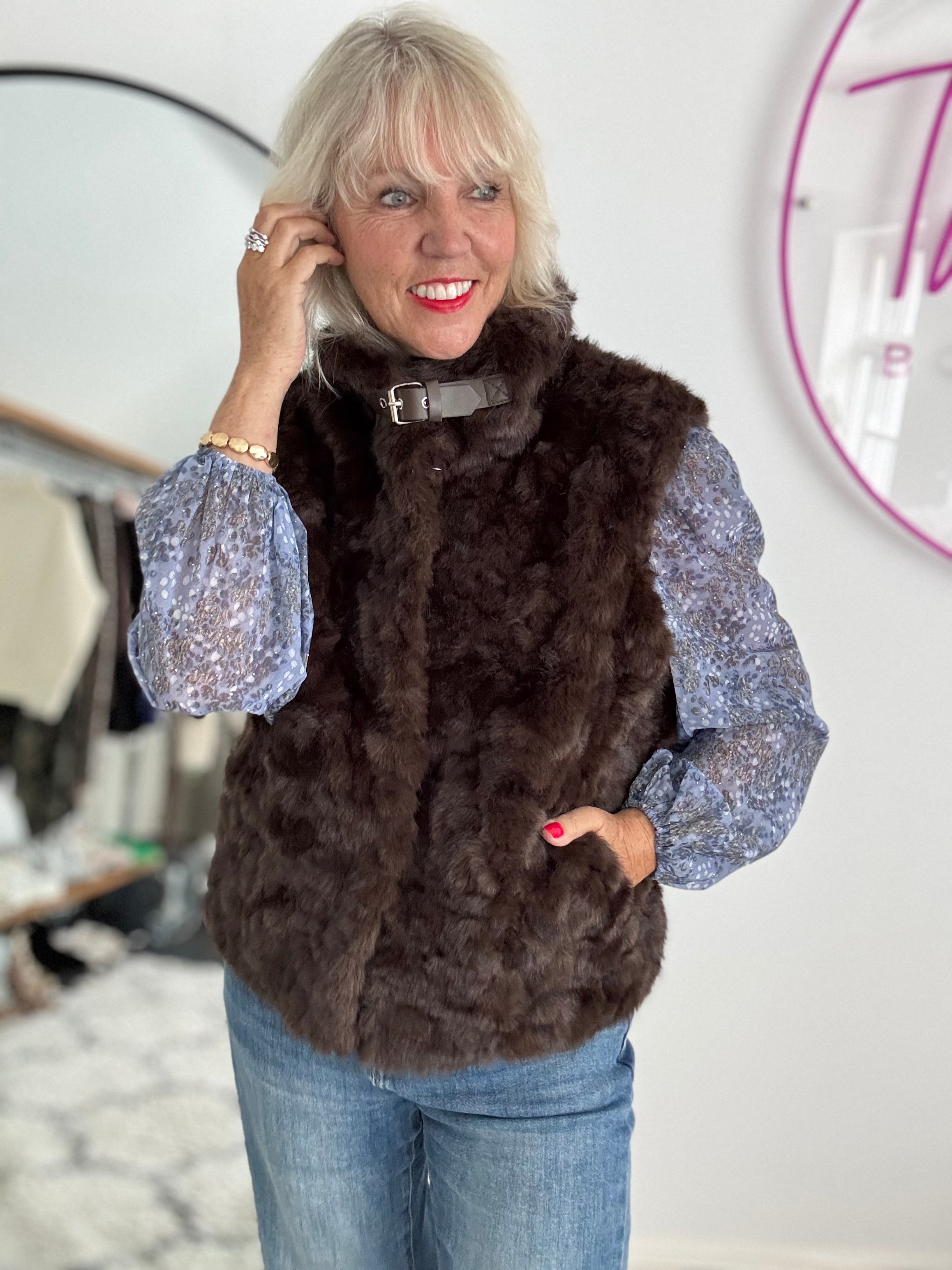 Designer Faux Fur Gilet in Chocolate