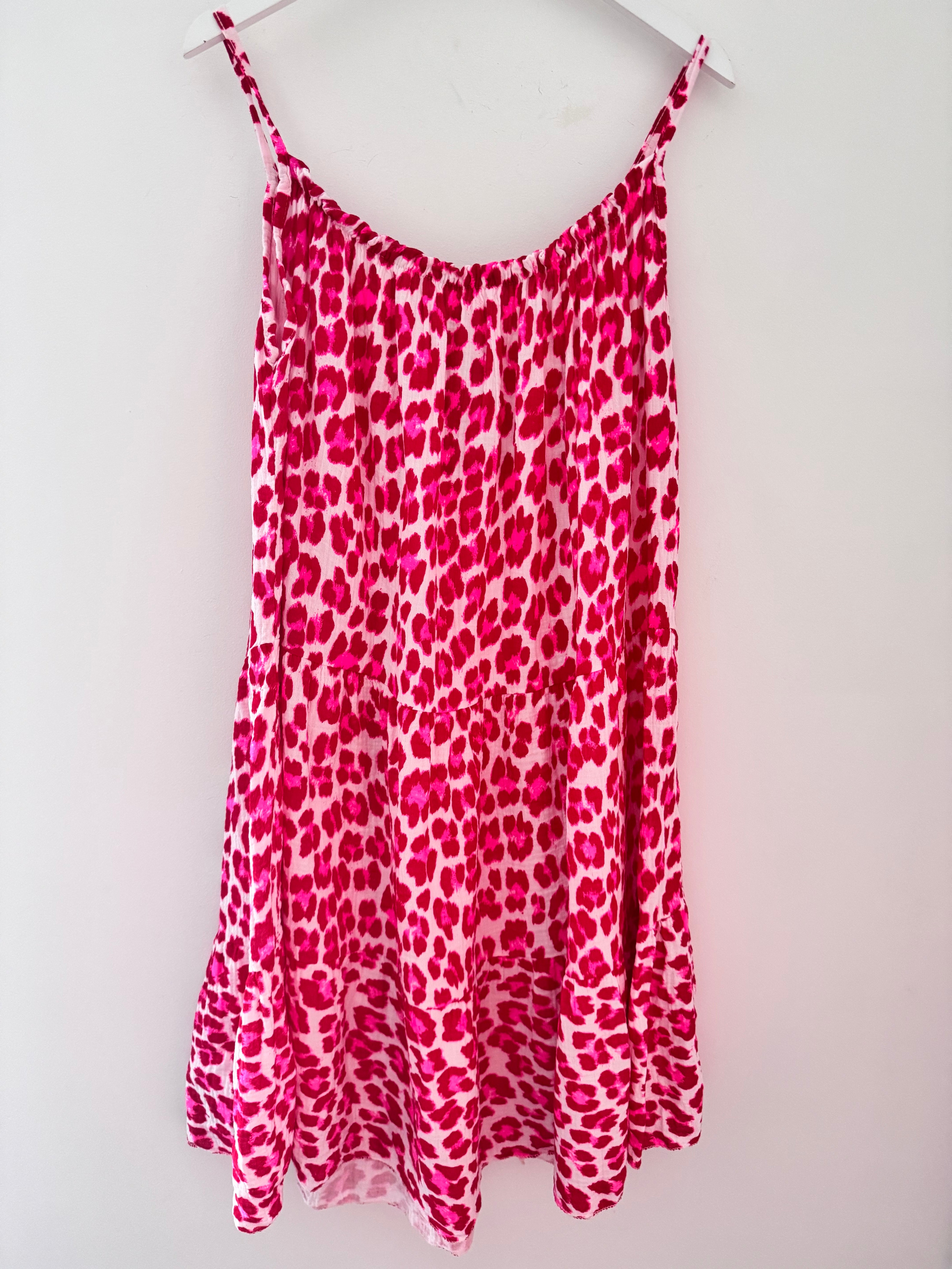 Leopard Cheesecloth Dress in Red & Pink