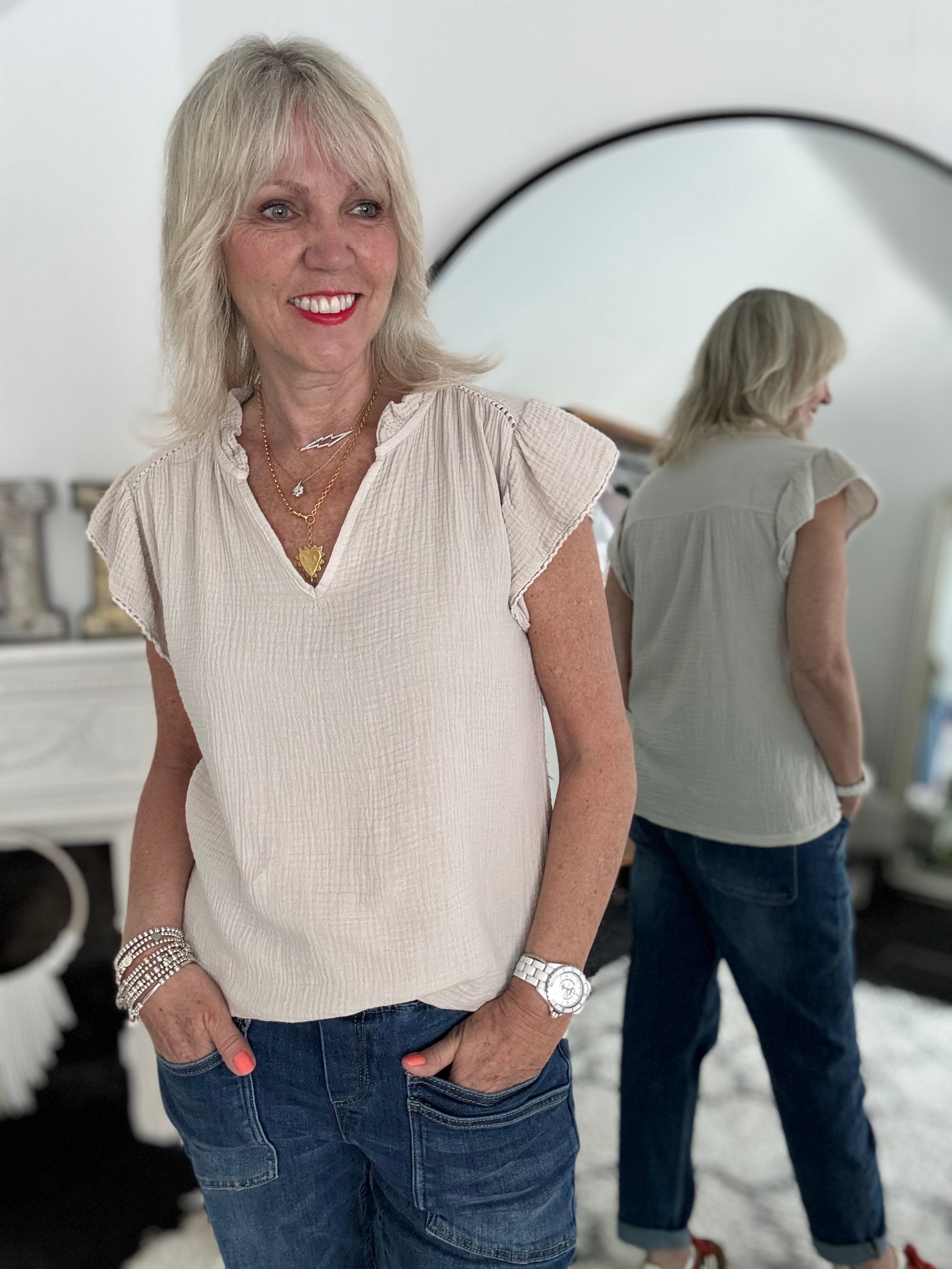 Cheesecloth Top with Ruffle Sleeves in Stone
