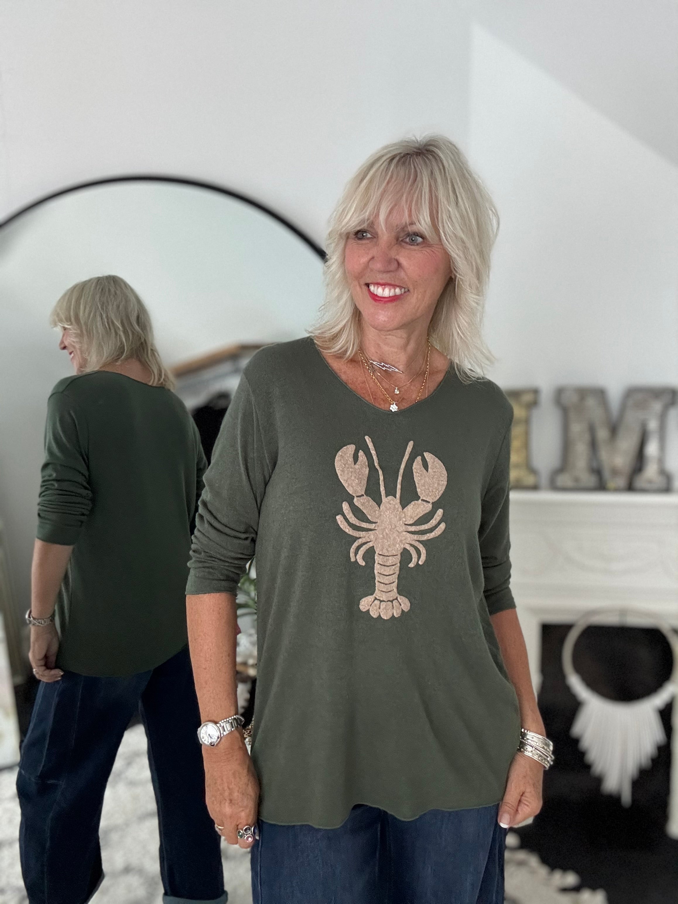 Soft V Neck Lobster Knit in Khaki