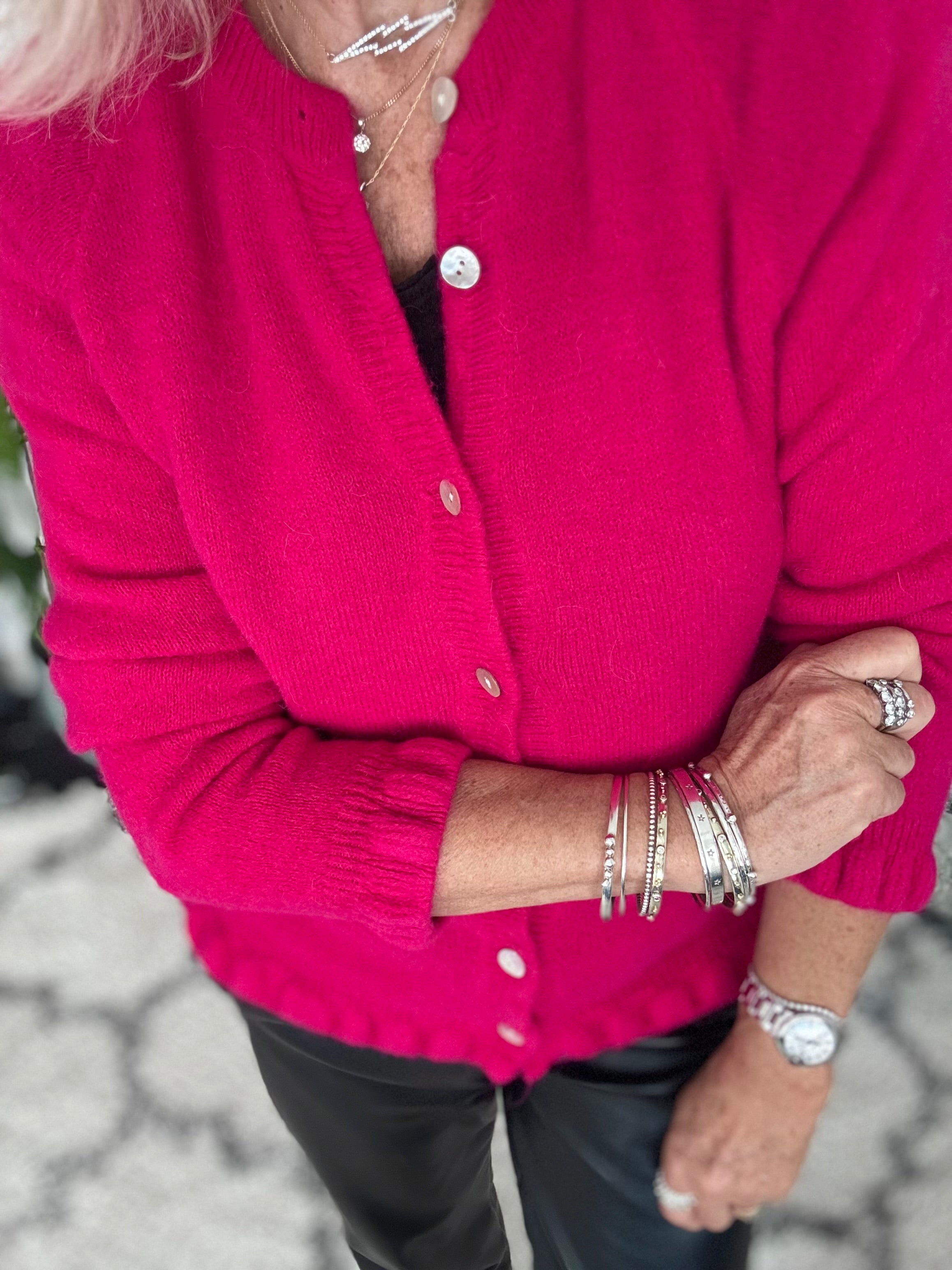 Alpaca Cardi with Frill Hems in Raspberry